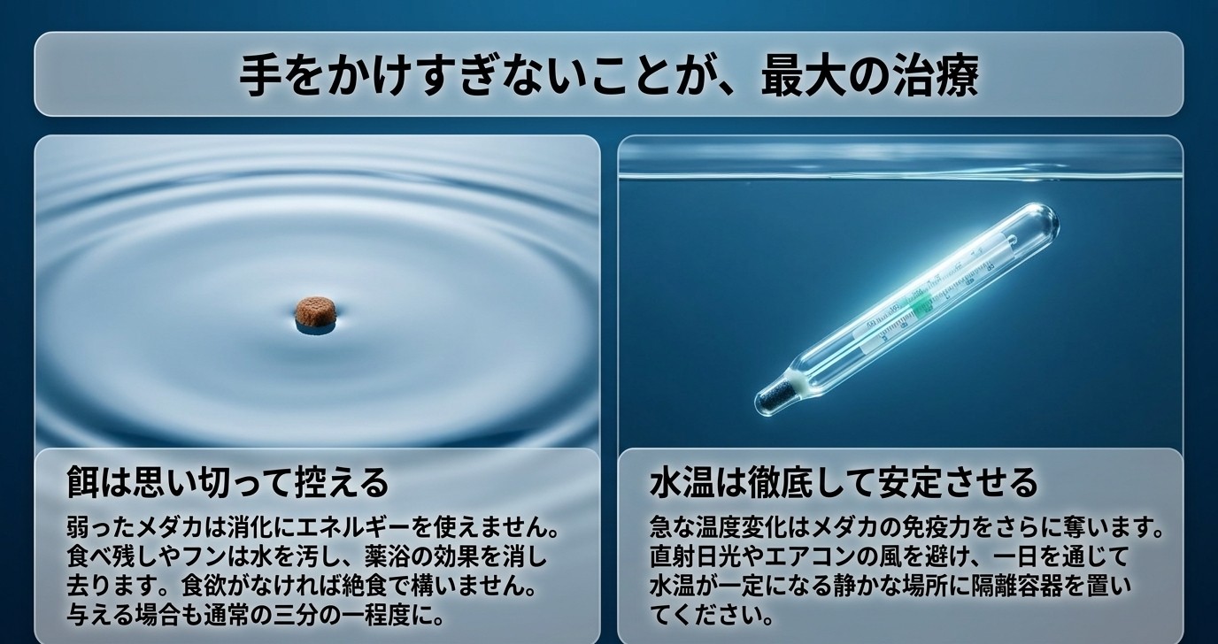 治療中のメダカは餌を控えめにし水温を安定させることが大切だと示す図