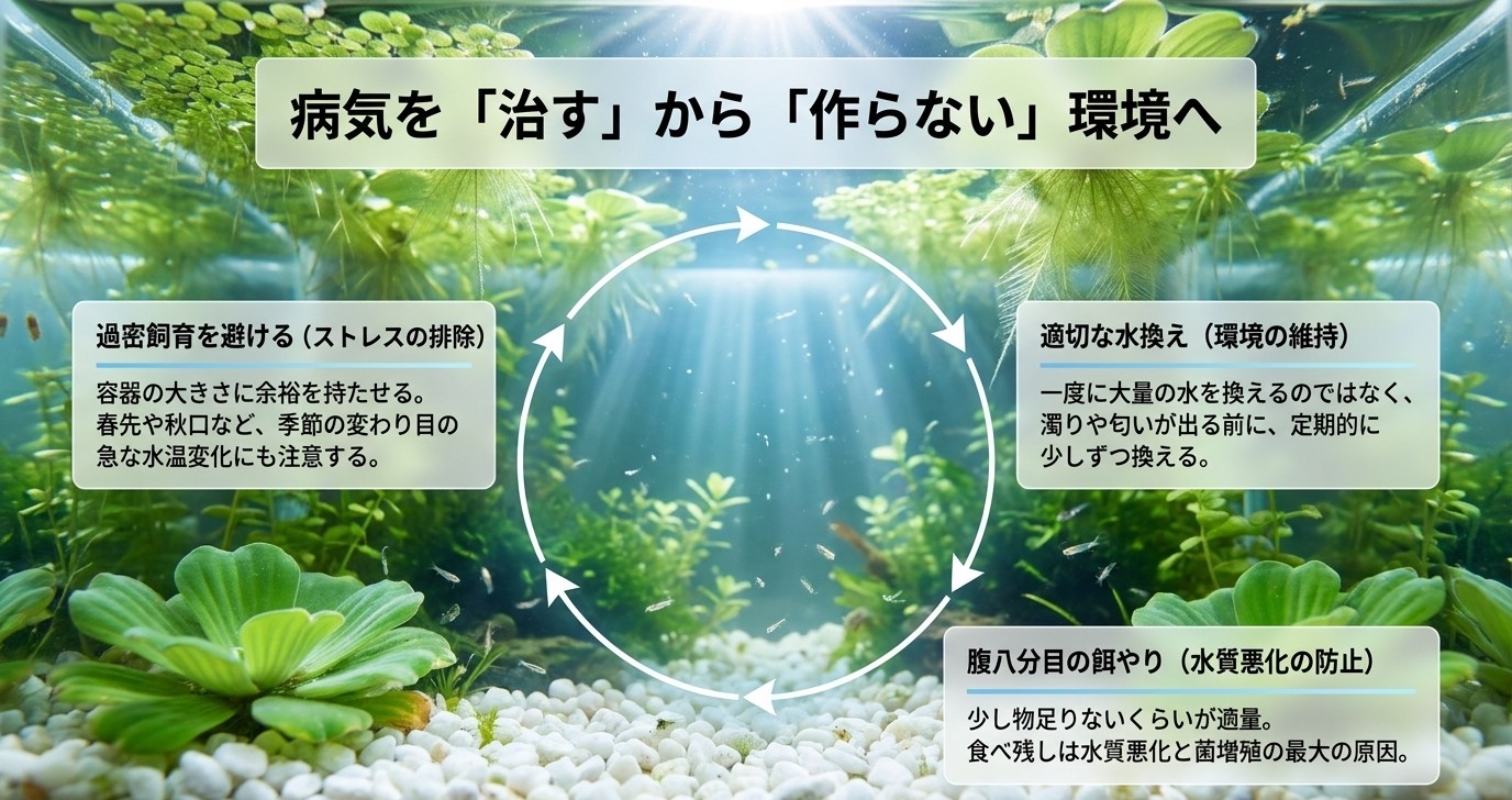 過密回避・適切な水換え・腹八分目の餌やりという赤斑病予防のポイントを示す図