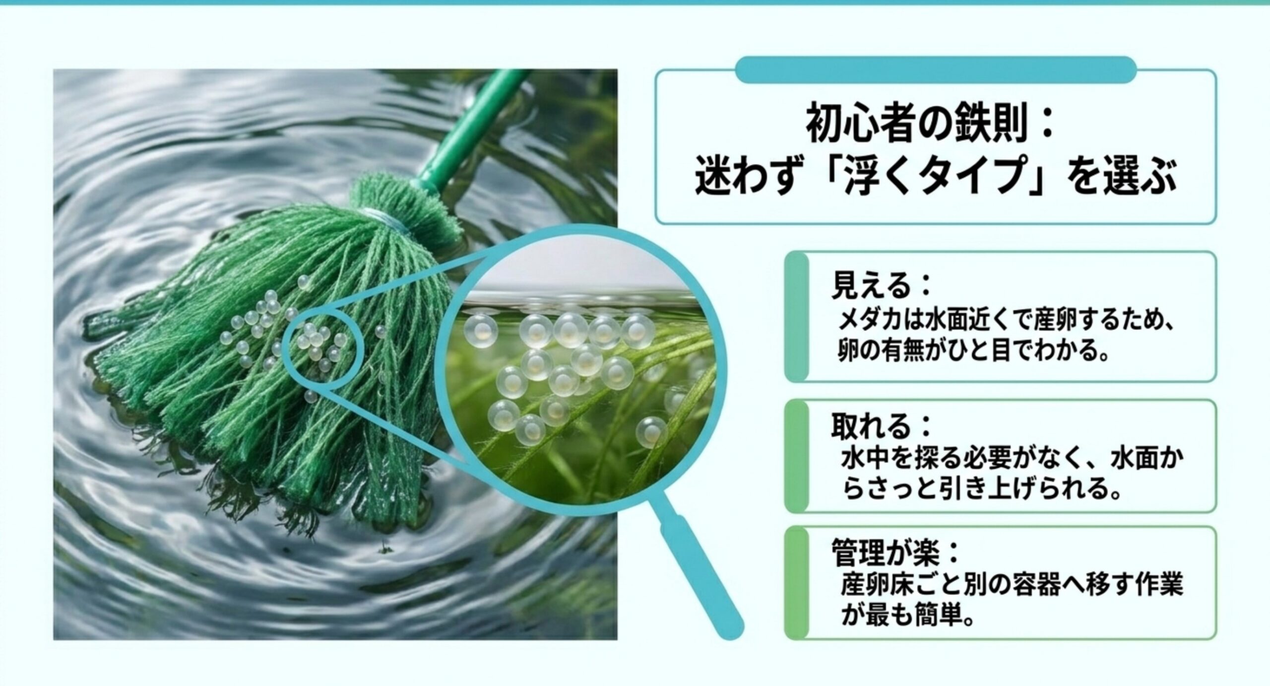 浮くタイプの産卵床は卵が見えて取りやすく管理がラクと説明したスライド