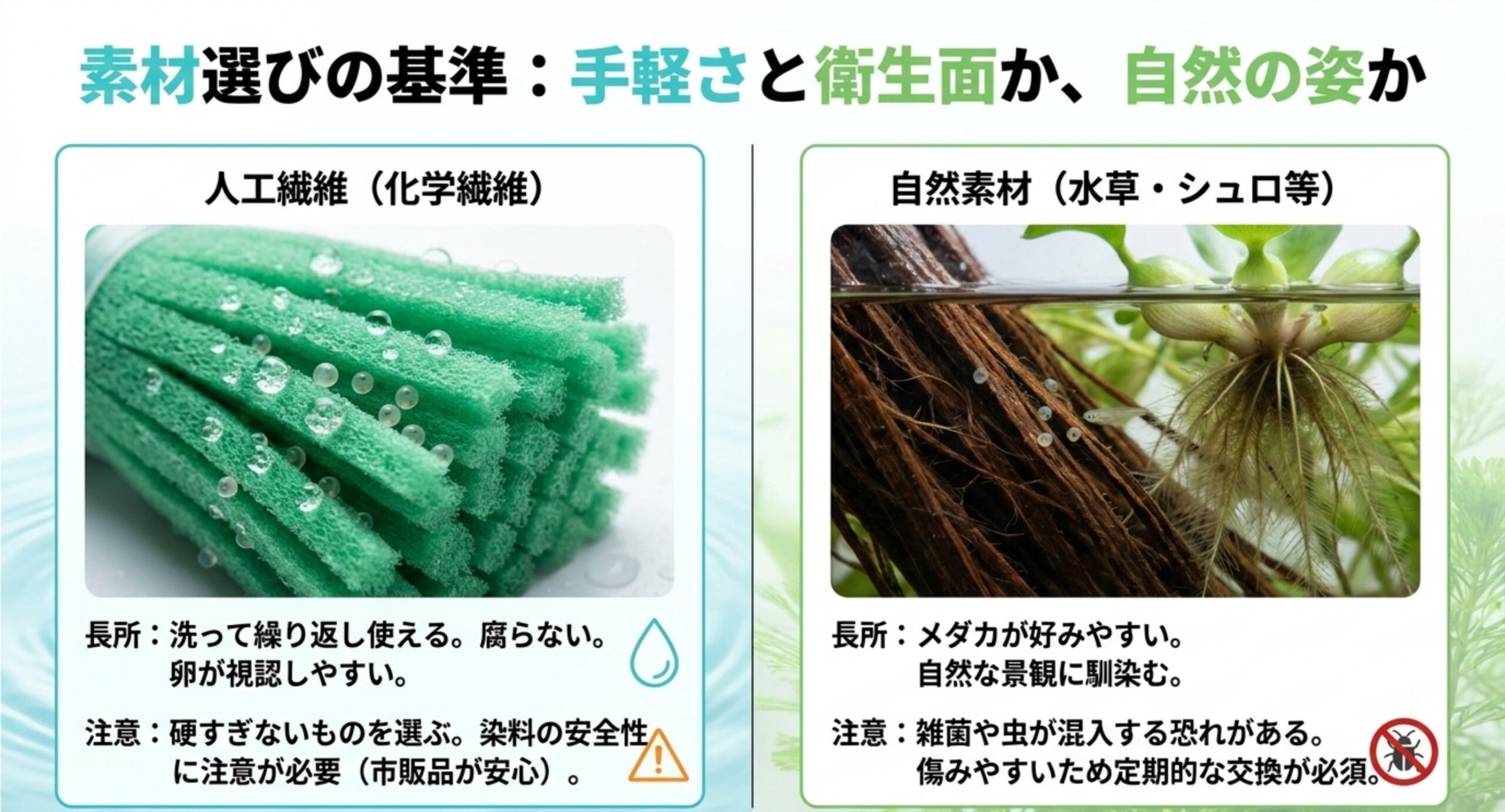 人工繊維と自然素材それぞれの長所と注意点を比較した産卵床の素材選びのスライド