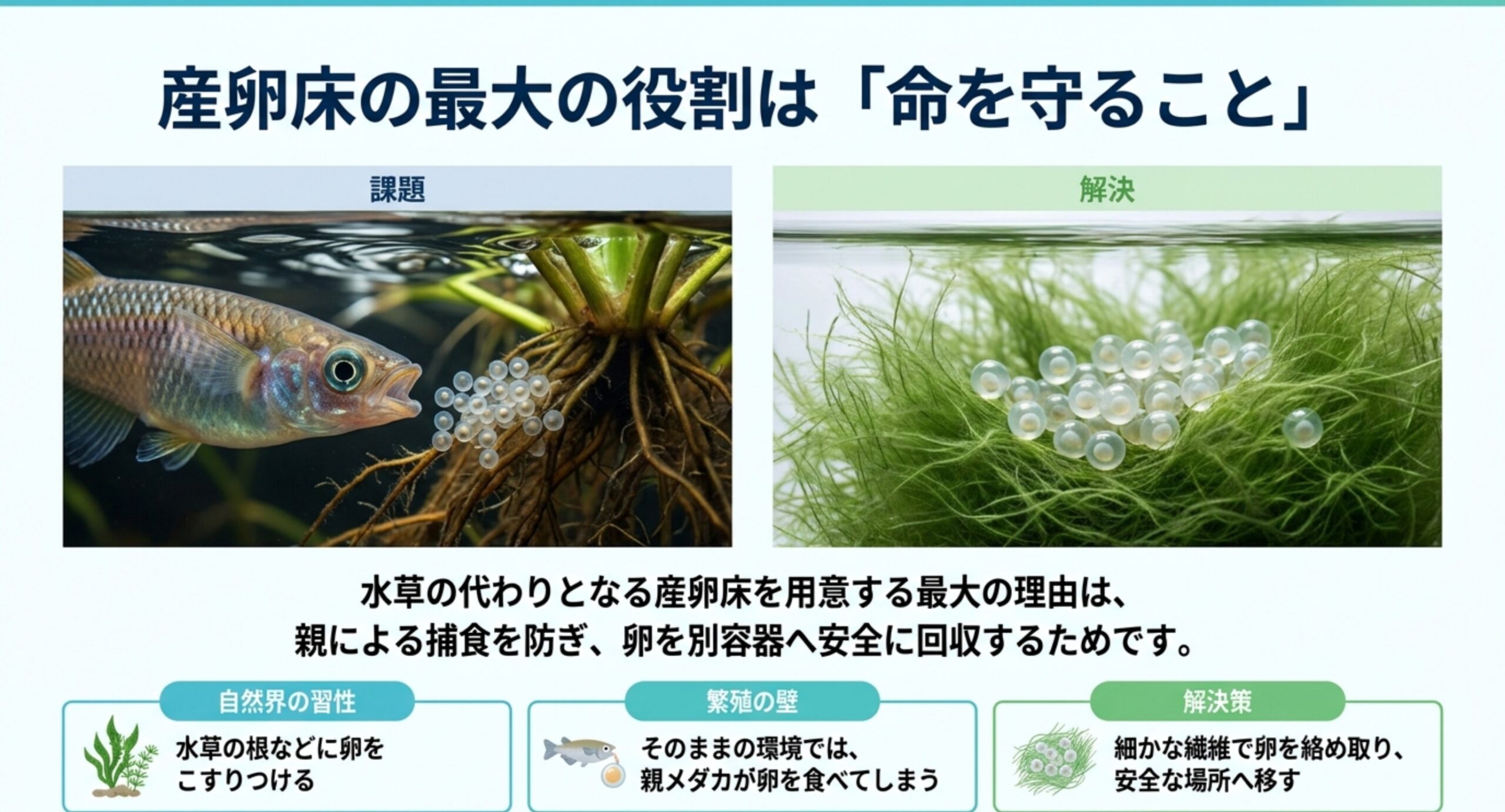産卵床が親メダカの食卵を防ぎ卵を別容器へ安全に回収する役割を示したスライド