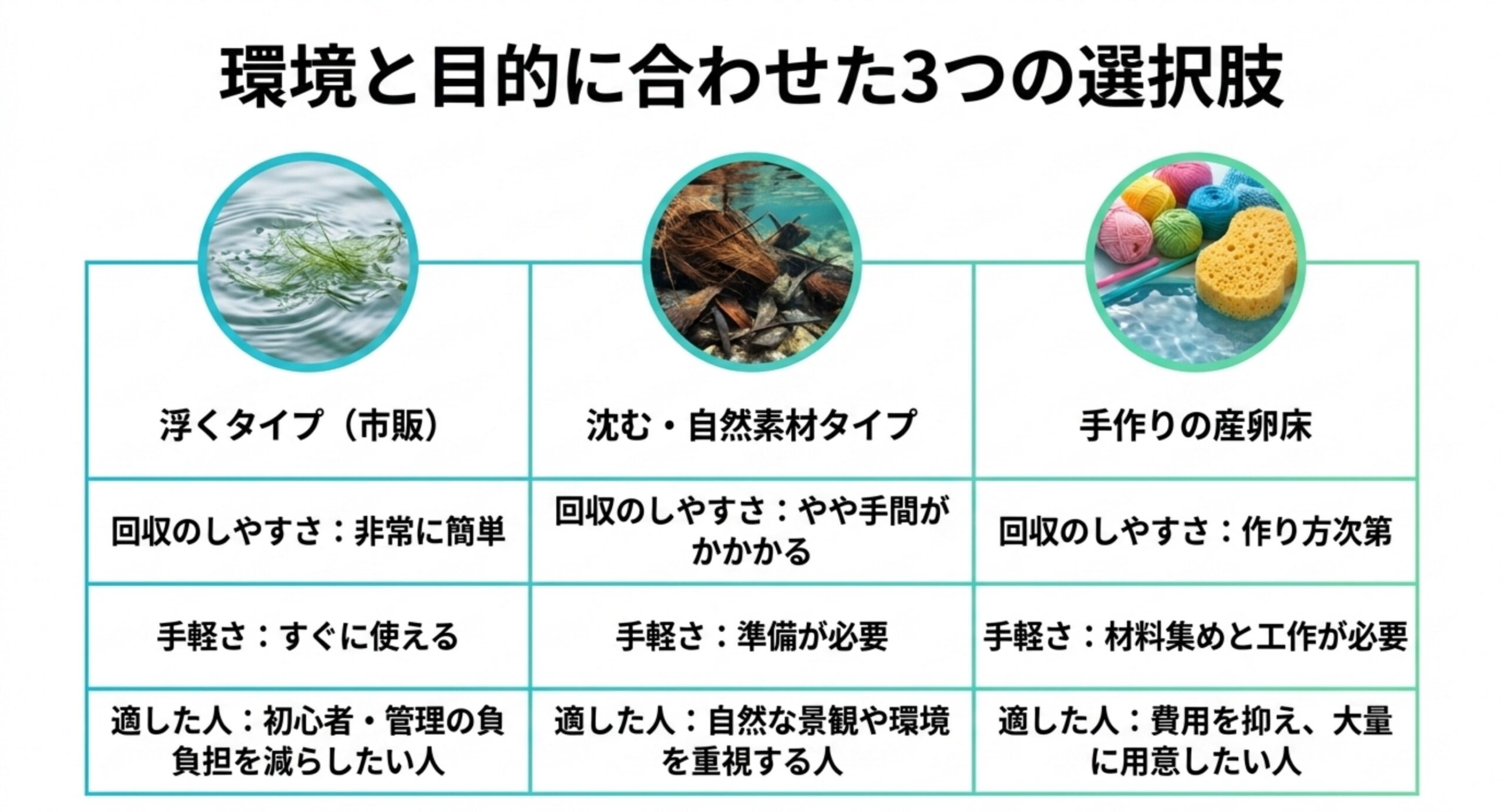 浮く市販・沈む自然素材・手作りの回収しやすさと手軽さを比較した表のスライド