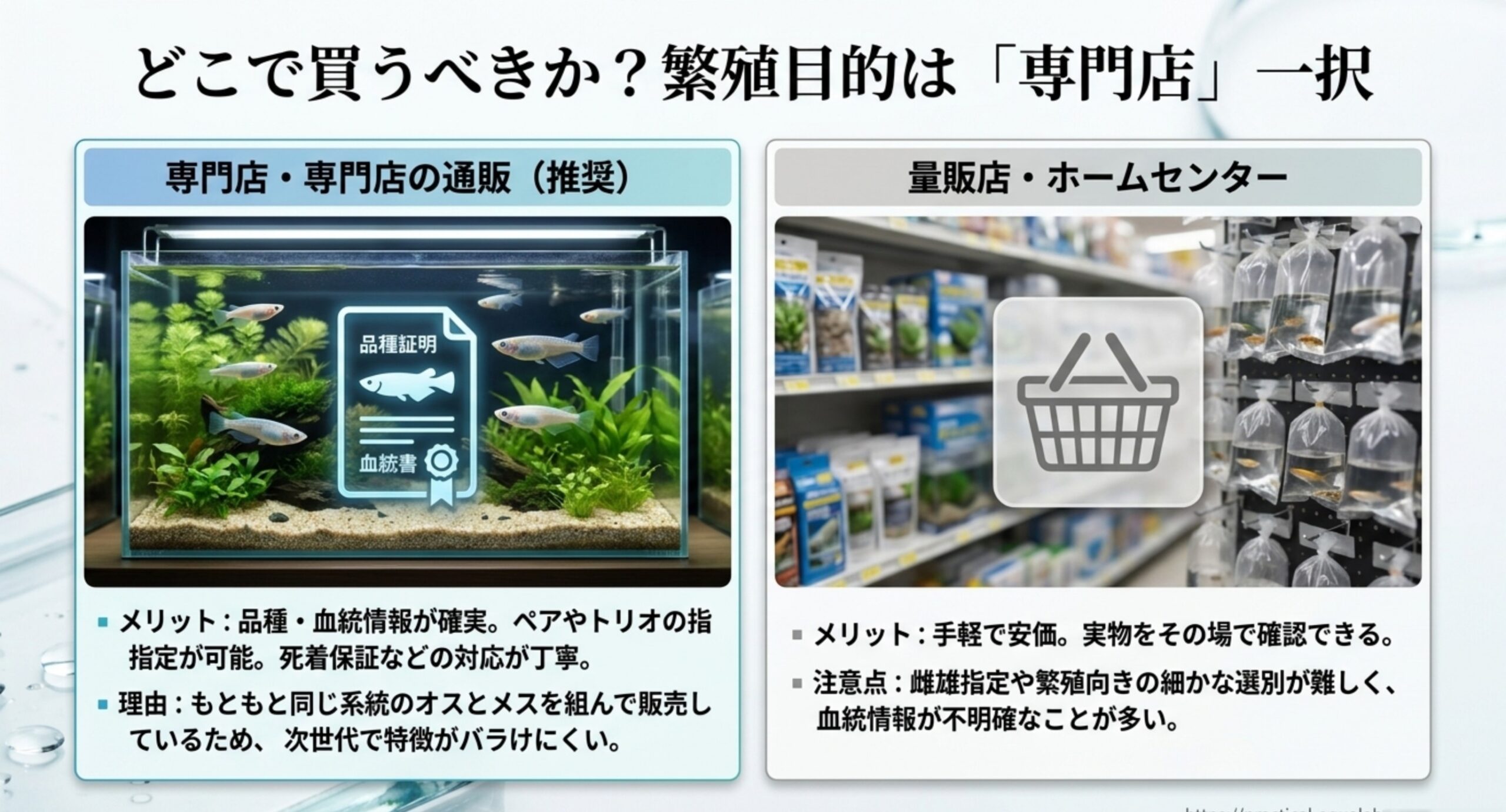 専門店や専門店の通販と量販店それぞれのメリットと注意点を比較したスライド