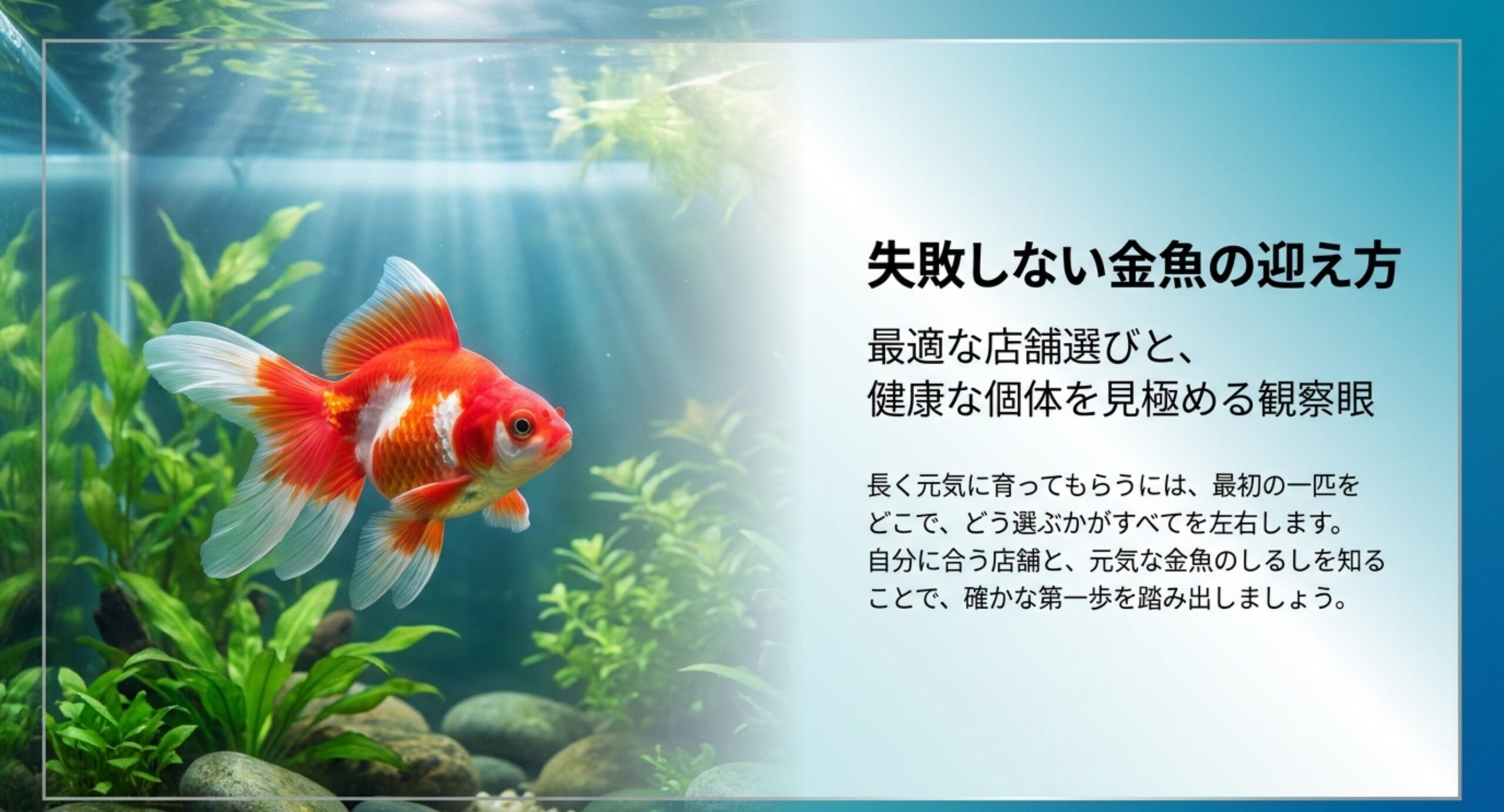 水草水槽を泳ぐ赤と白の金魚と記事タイトル。失敗しない金魚の迎え方を示すイメージ