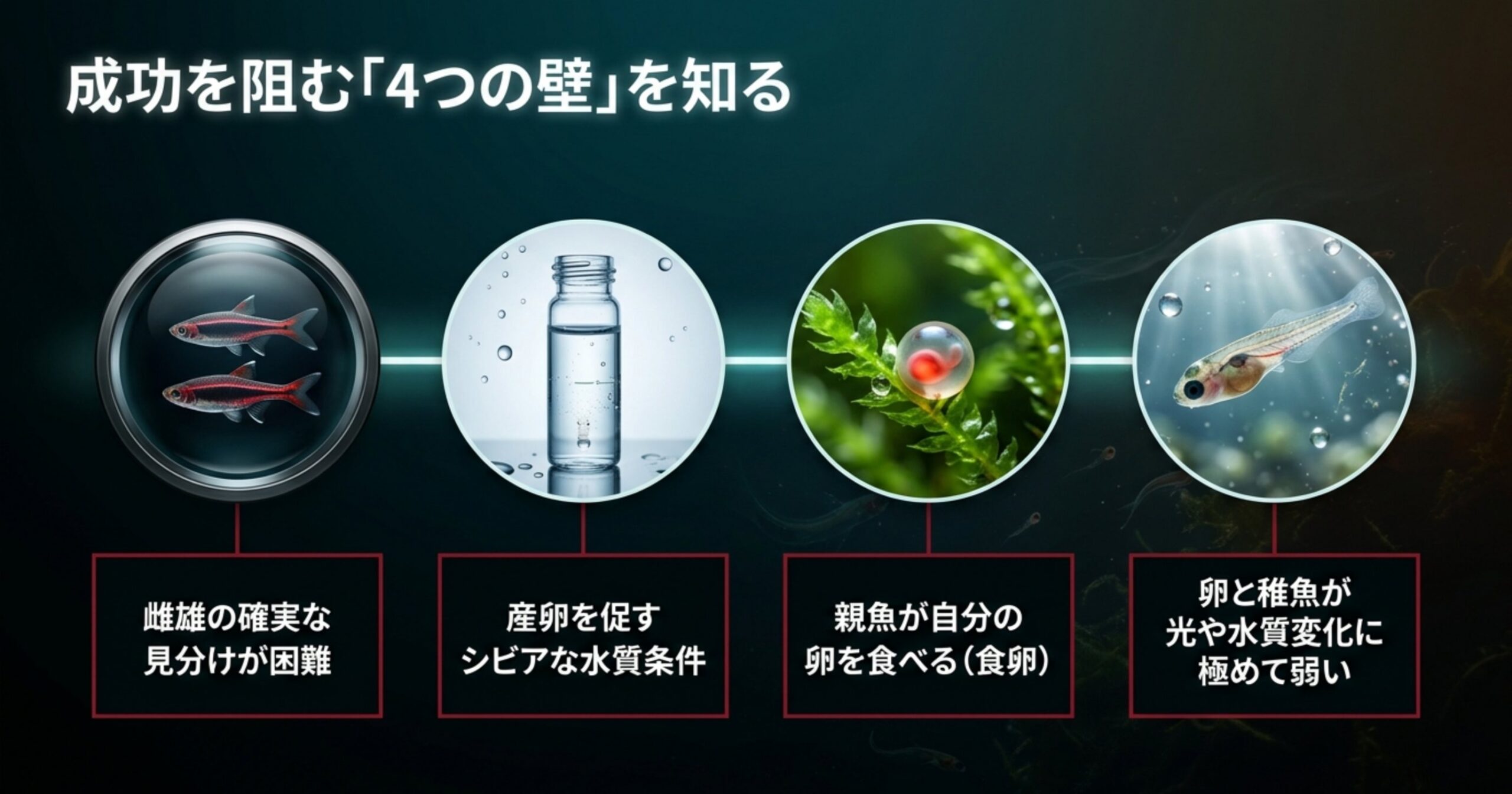 雌雄判別・水質・食卵・稚魚のデリケートさという繁殖の4つの難関を示す図