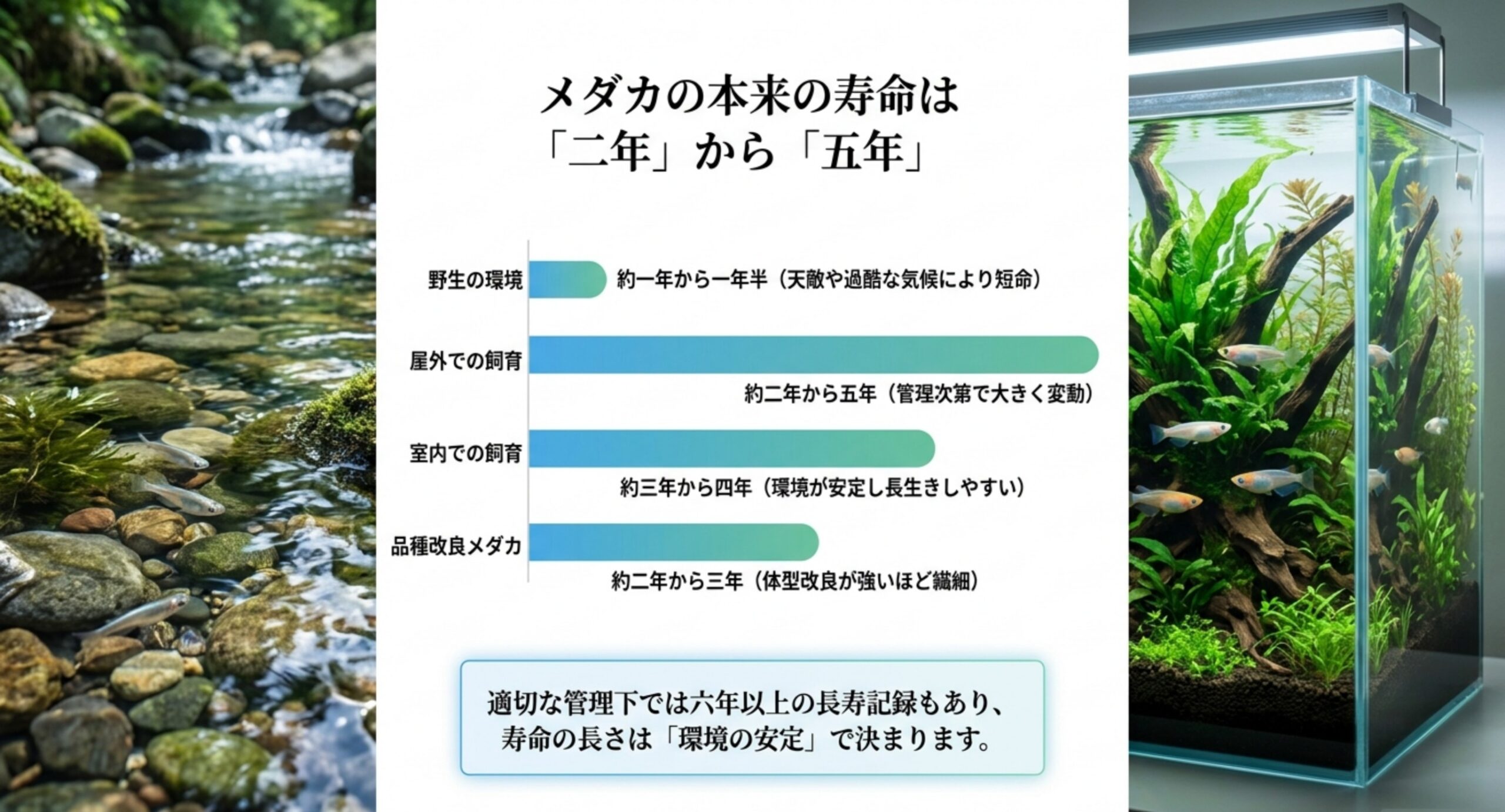 メダカの本来の寿命は2年〜5年(飼育環境別の比較) 野生・屋外・室内・品種改良それぞれのメダカの寿命の目安を比較した棒グラフ