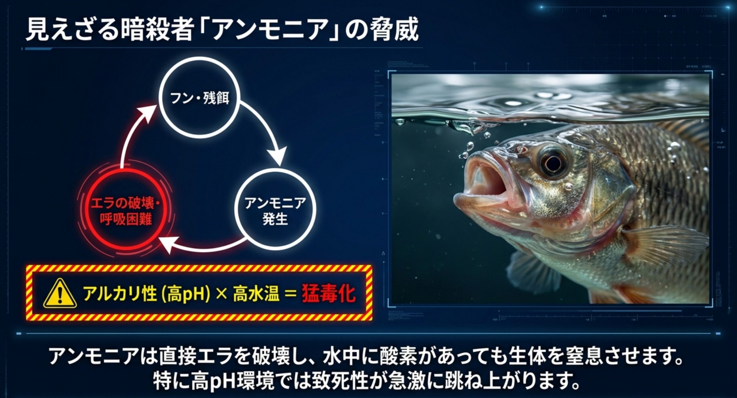 フンや残餌から発生したアンモニアがエラを破壊し生体を窒息させる毒性の流れを示した図