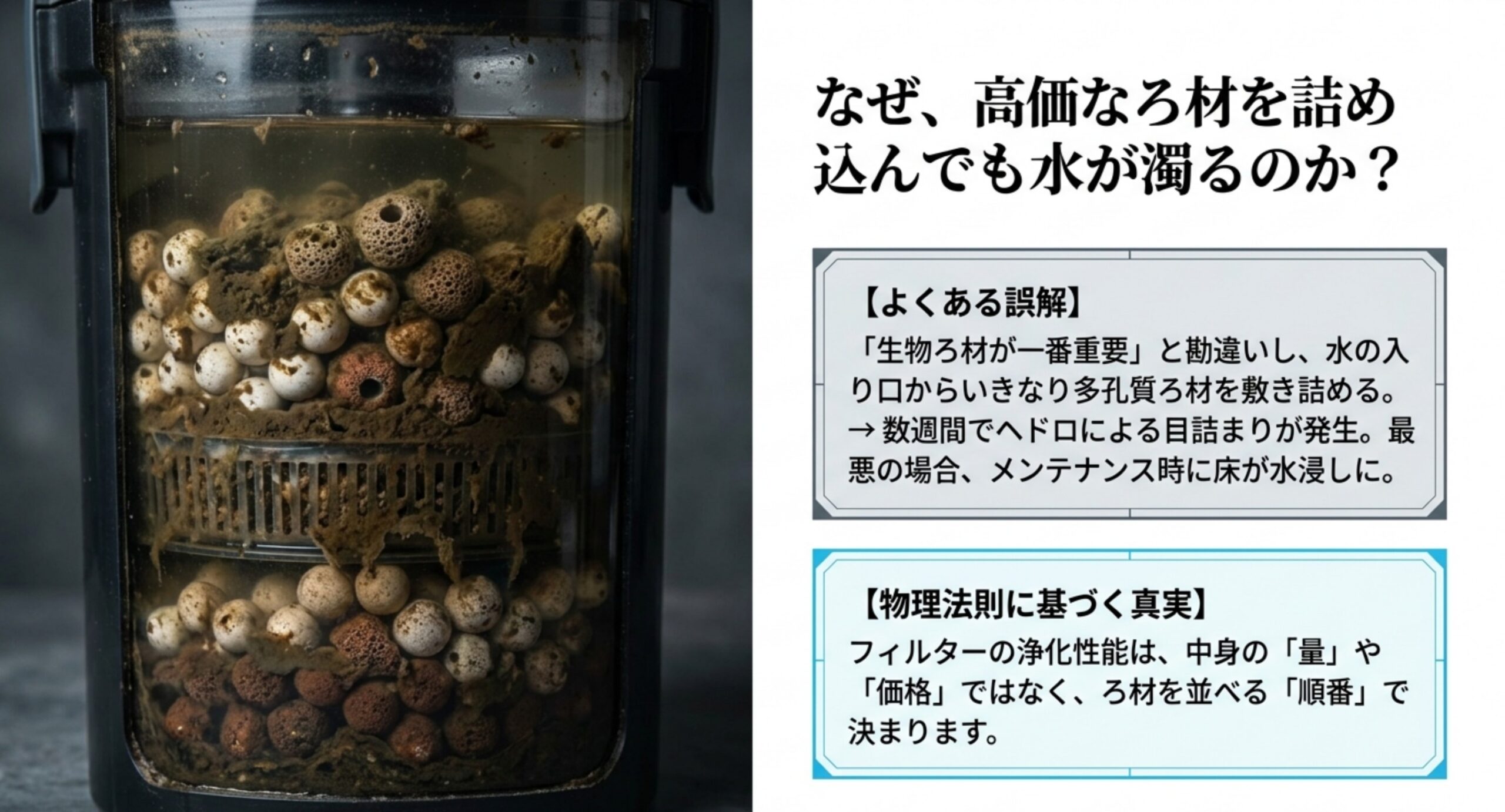 生物ろ材を入口に詰めると目詰まりする誤解と、順番で浄化力が決まる物理法則の対比