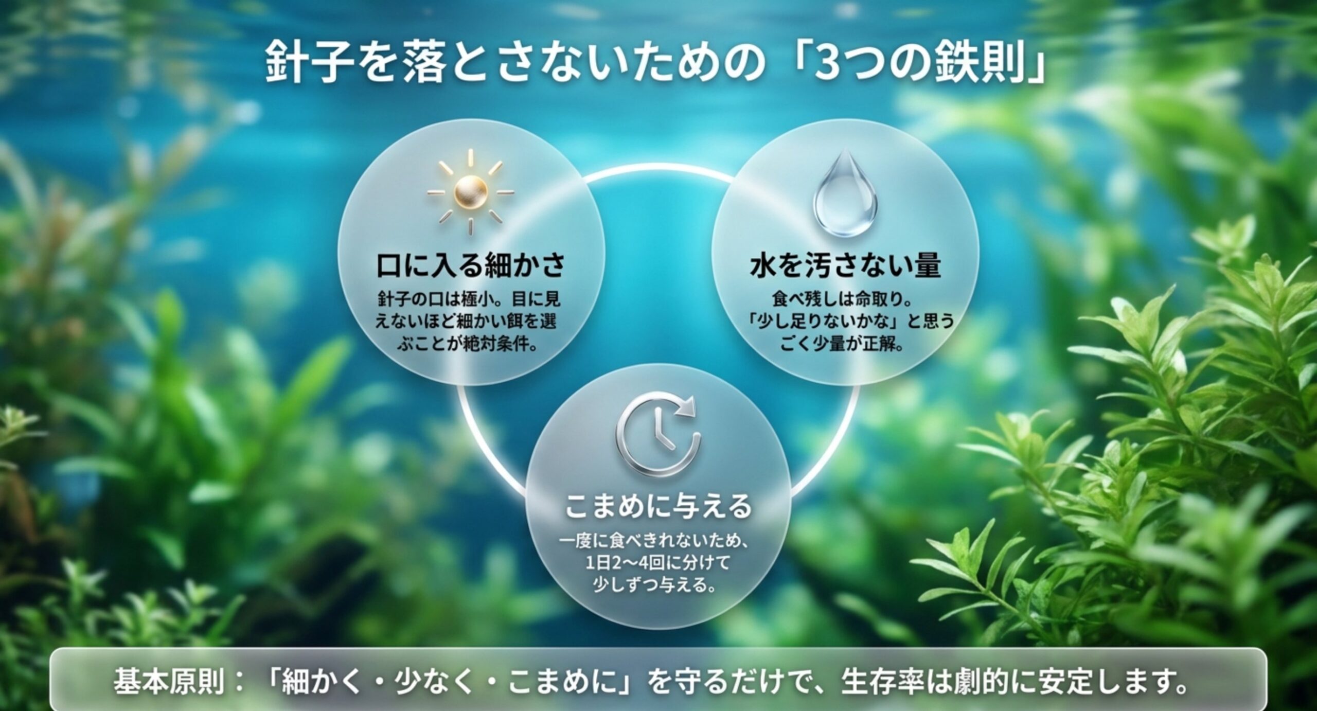 口に入る細かさ・水を汚さない量・こまめに与えるという3つの鉄則の図