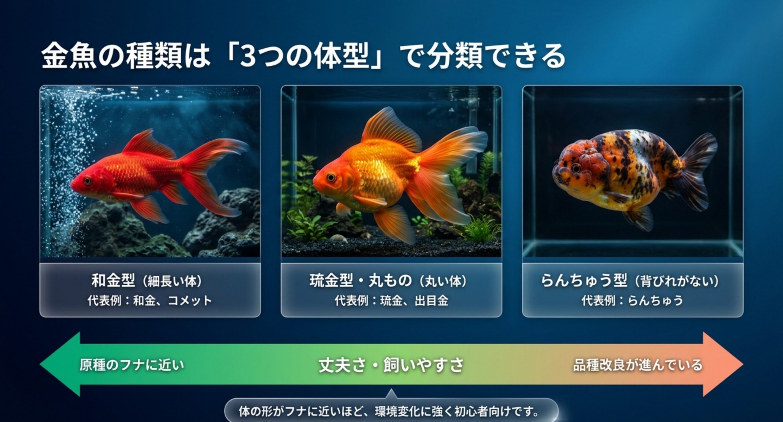 和金型・琉金型・らんちゅう型の3つの体型を比べた図