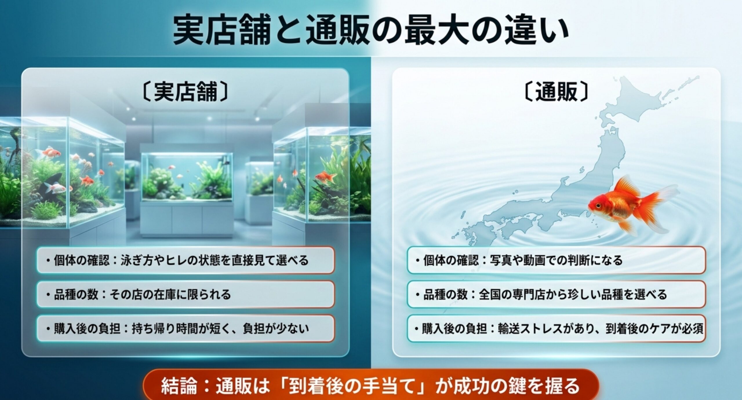金魚の実店舗と通販の違いを個体確認・品種・到着後ケアで比較した図