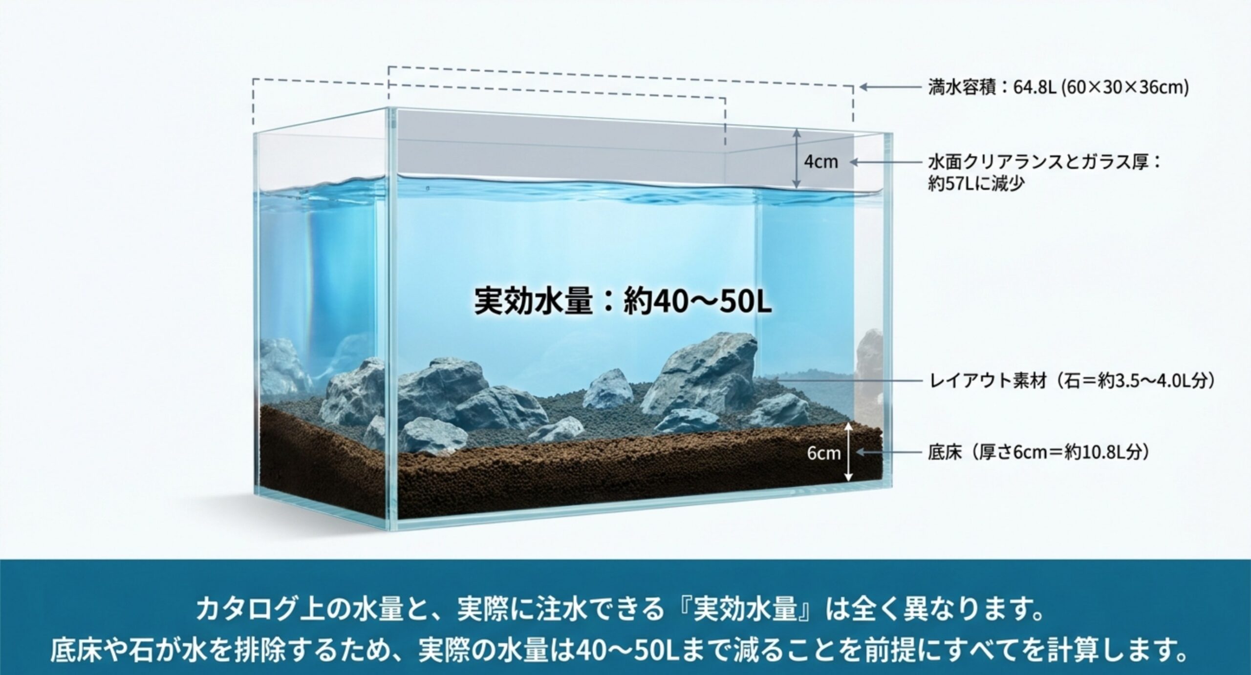 満水容積64.8Lから底床や石・水面クリアランスを差し引いた実効水量約40〜50Lを示す図