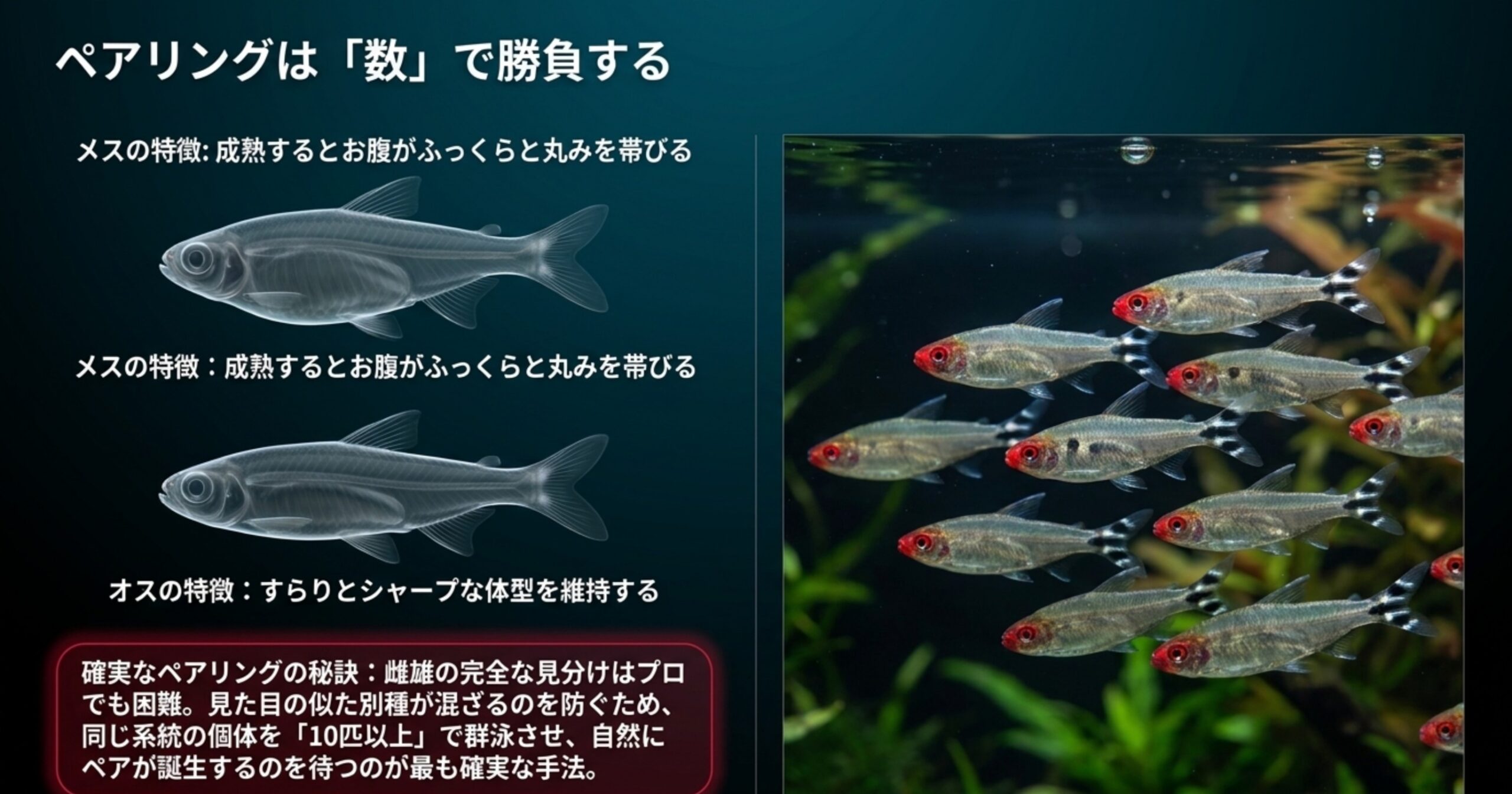 オスとメスの体型の違いと、複数匹で自然なペアを待つ方法を示す図