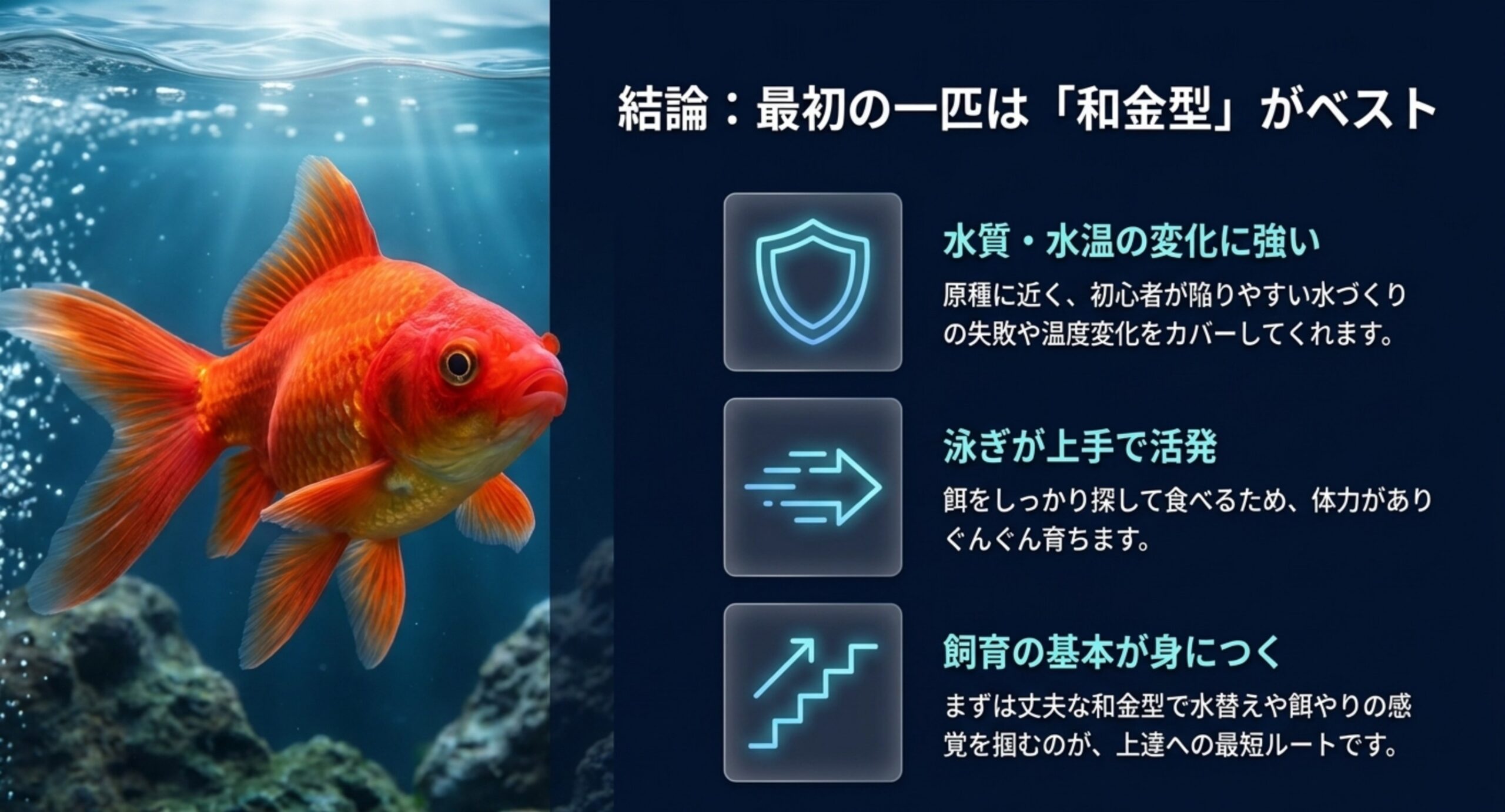 和金型が水質変化に強く泳ぎ上手で飼育の基本が身につくことを示した図