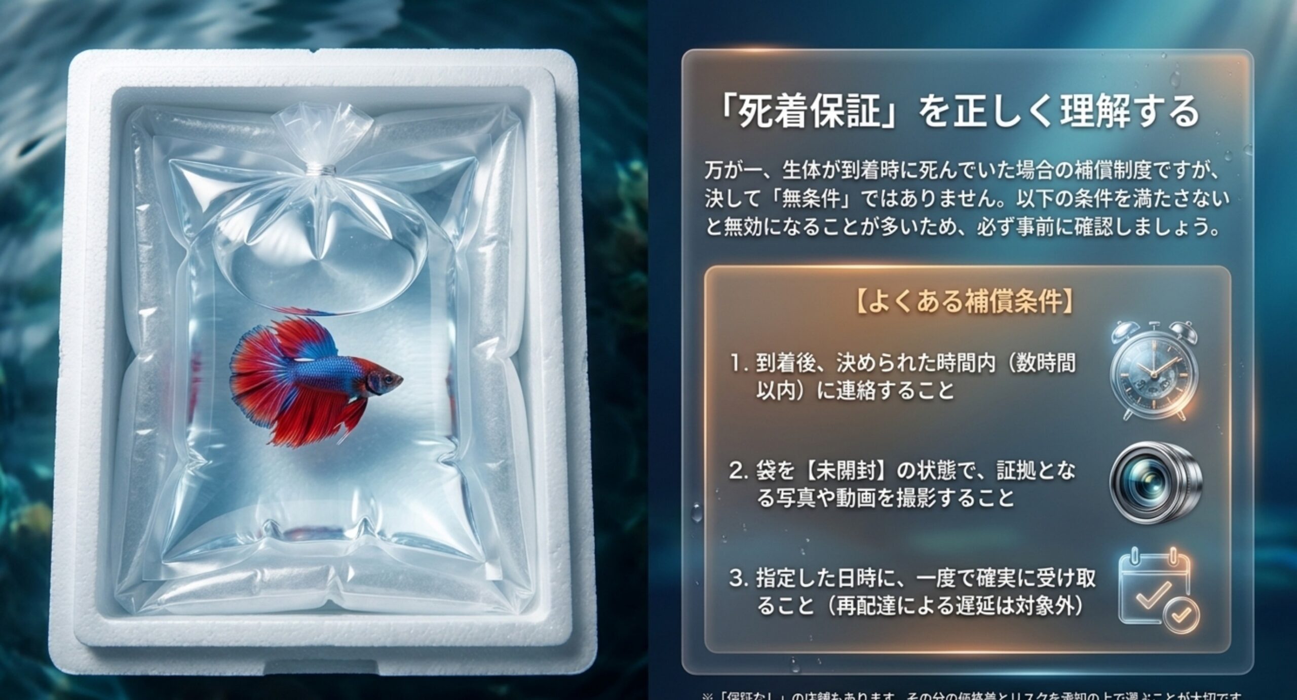 梱包されたベタと、到着後の連絡や未開封の写真撮影など死着保証のよくある補償条件を示した図