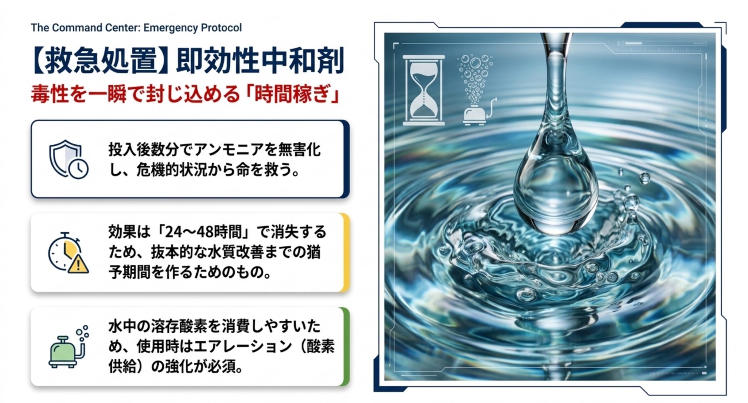 アンモニア中和剤が数分で毒性を無害化し効果が24〜48時間続くことと酸素供給の必要性を示した図