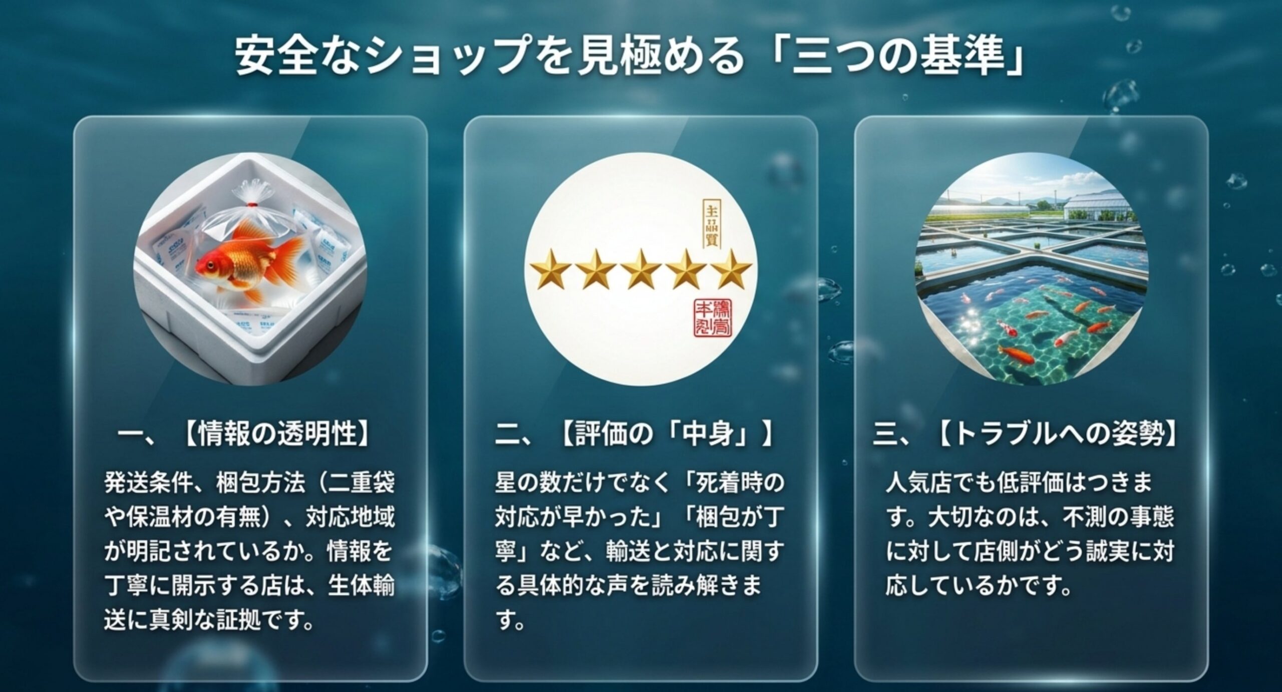 情報の透明性・評価の中身・トラブルへの姿勢という安全な金魚通販ショップ選びの三つの基準
