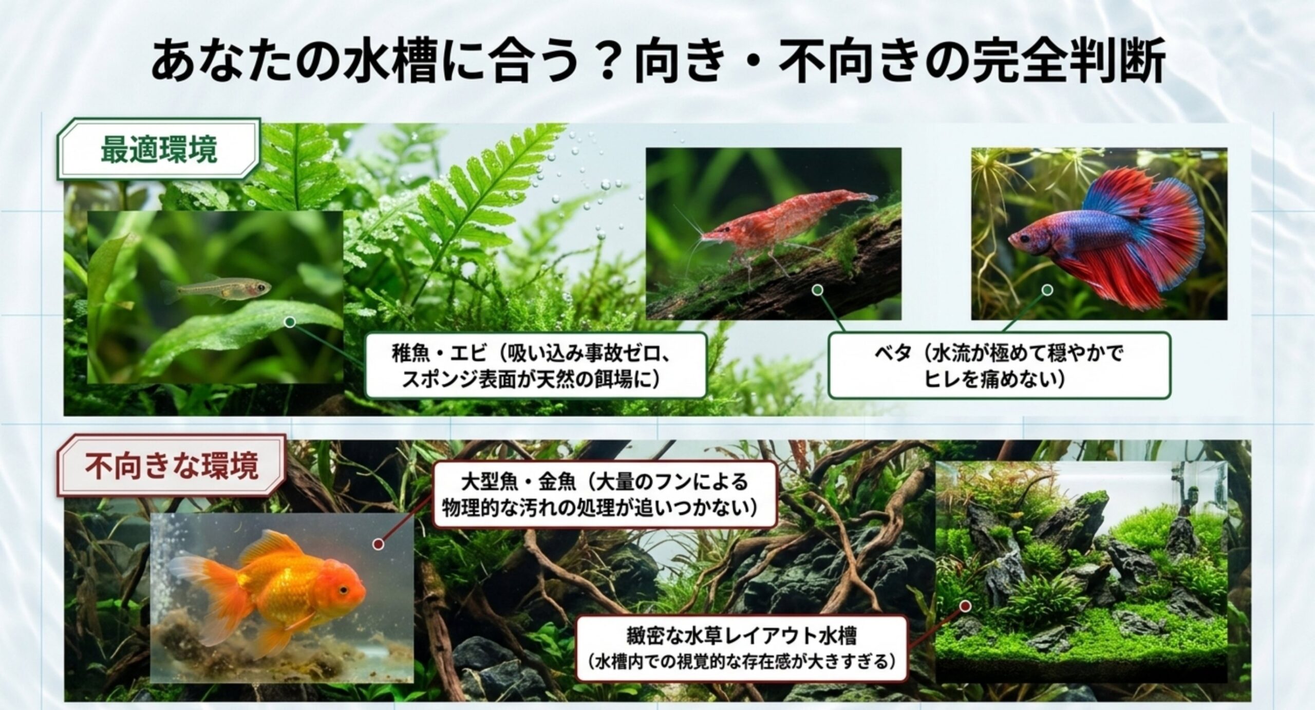 稚魚エビベタに最適、大型魚や水草レイアウトには不向きという比較画像