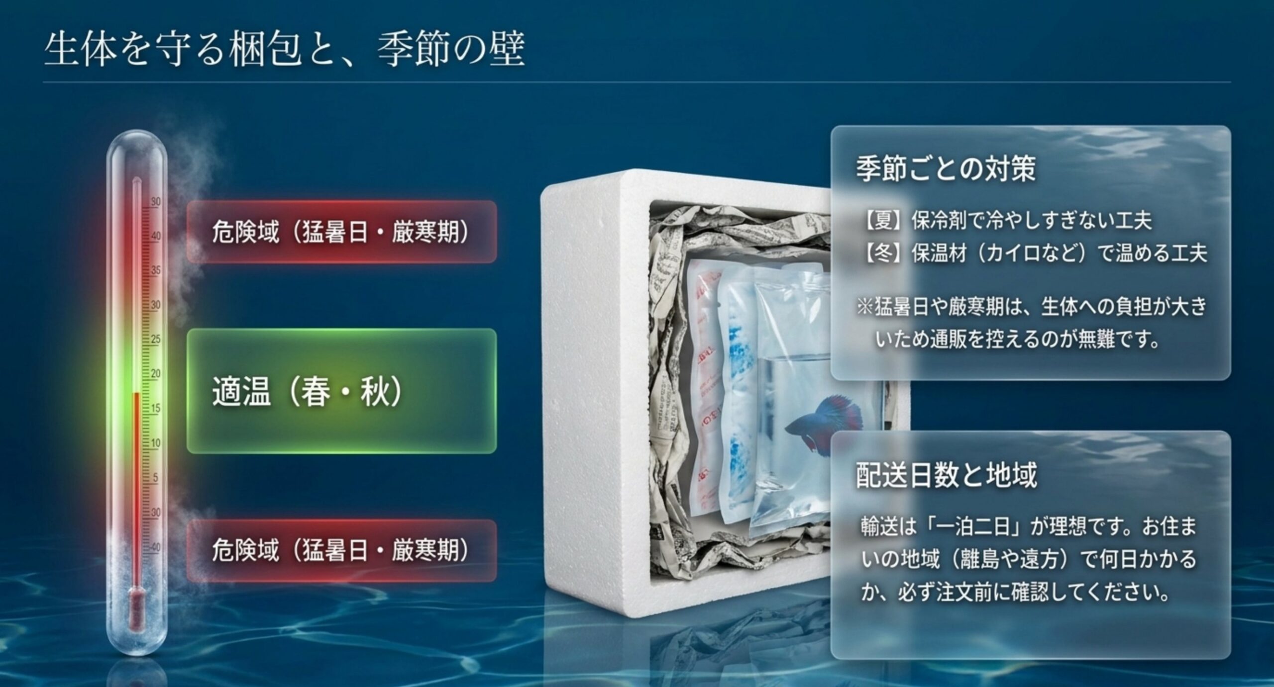 適温と危険域を示す水温計と、保冷剤や保温材を使った季節ごとの梱包対策を示した図