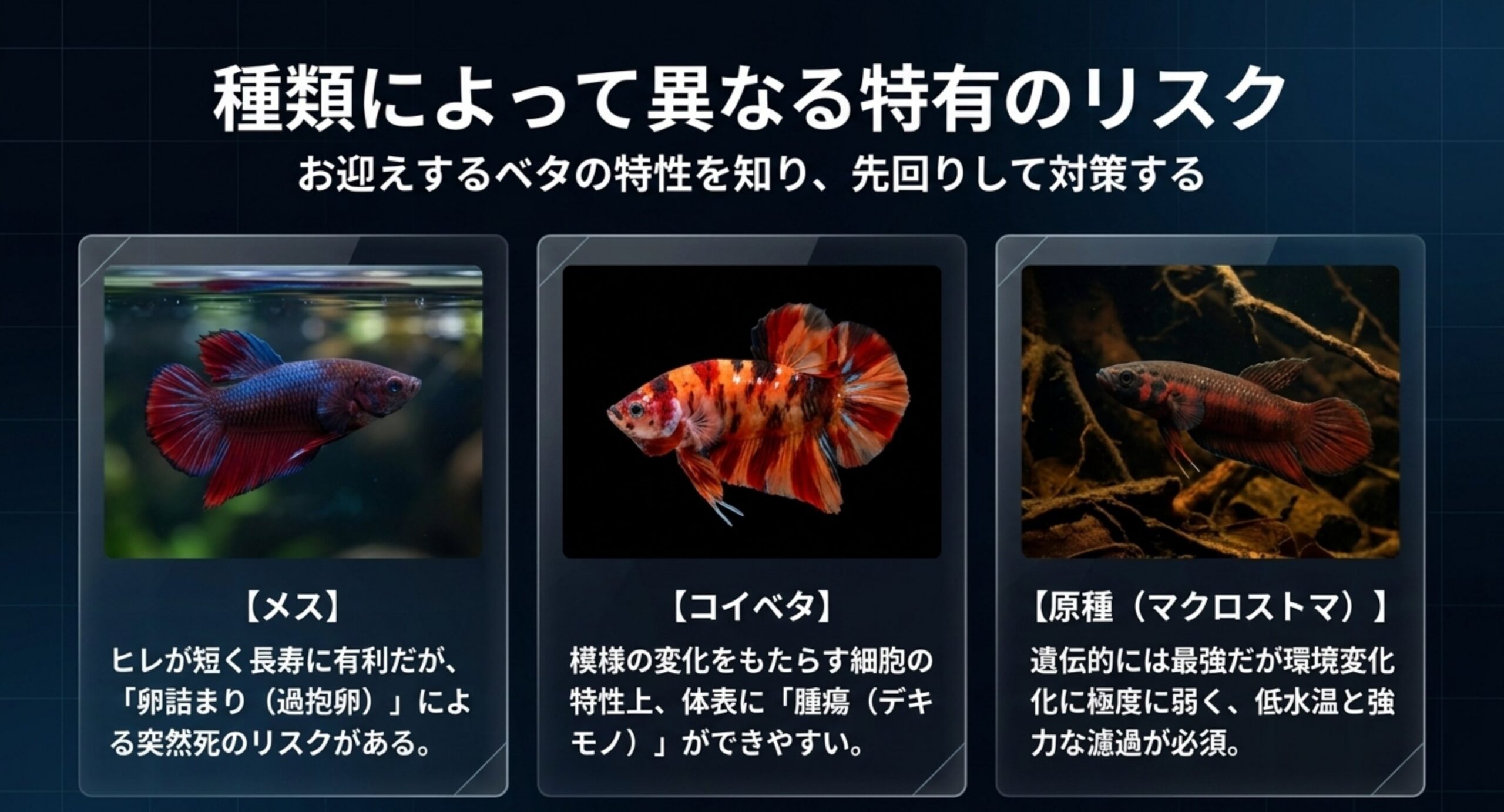 メス・コイベタ・原種マクロストマそれぞれの寿命に関わるリスクを示した図