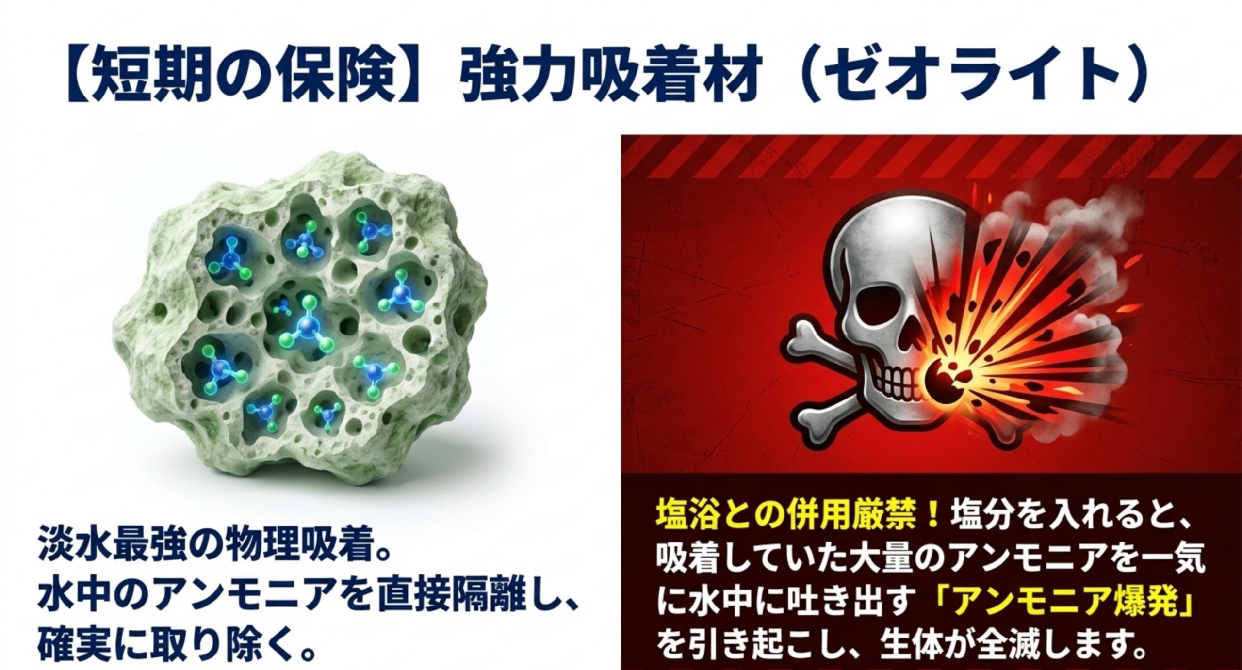 ゼオライトが水中のアンモニアを物理吸着する仕組みと塩を入れるとアンモニアが再放出され危険になる注意点の図