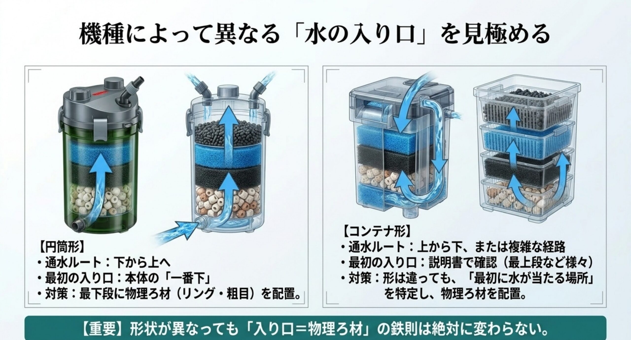 円筒形とコンテナ形で異なる水の通り道と、最初に物理ろ材を置く位置の比較図