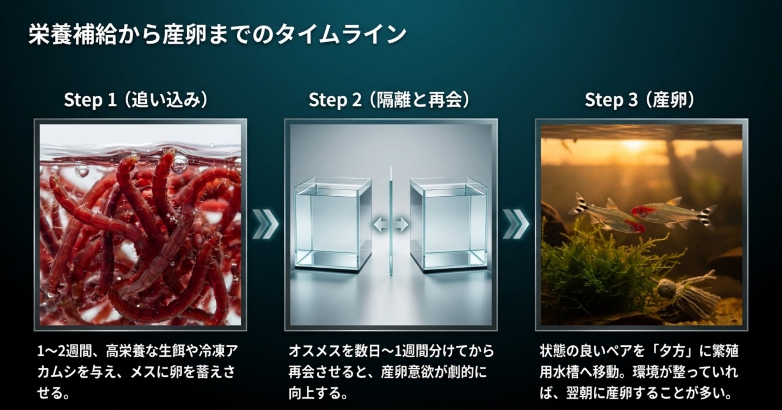 追い込み・隔離と再会・産卵という親魚づくりの手順を示すタイムライン図