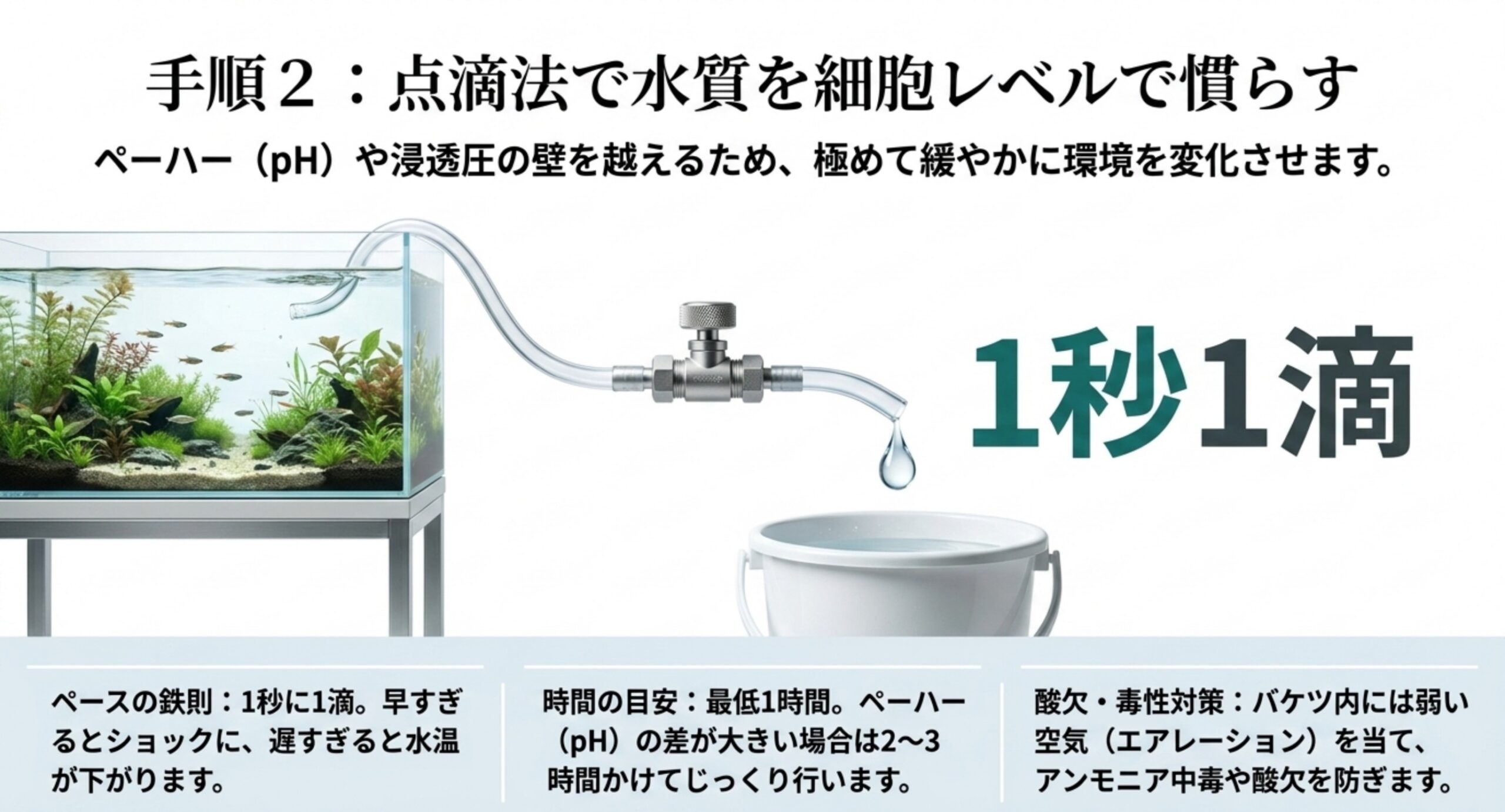 一方コック付きチューブでバケツへ1秒1滴のペースで水を点滴し水質を緩やかに合わせる点滴法の図解