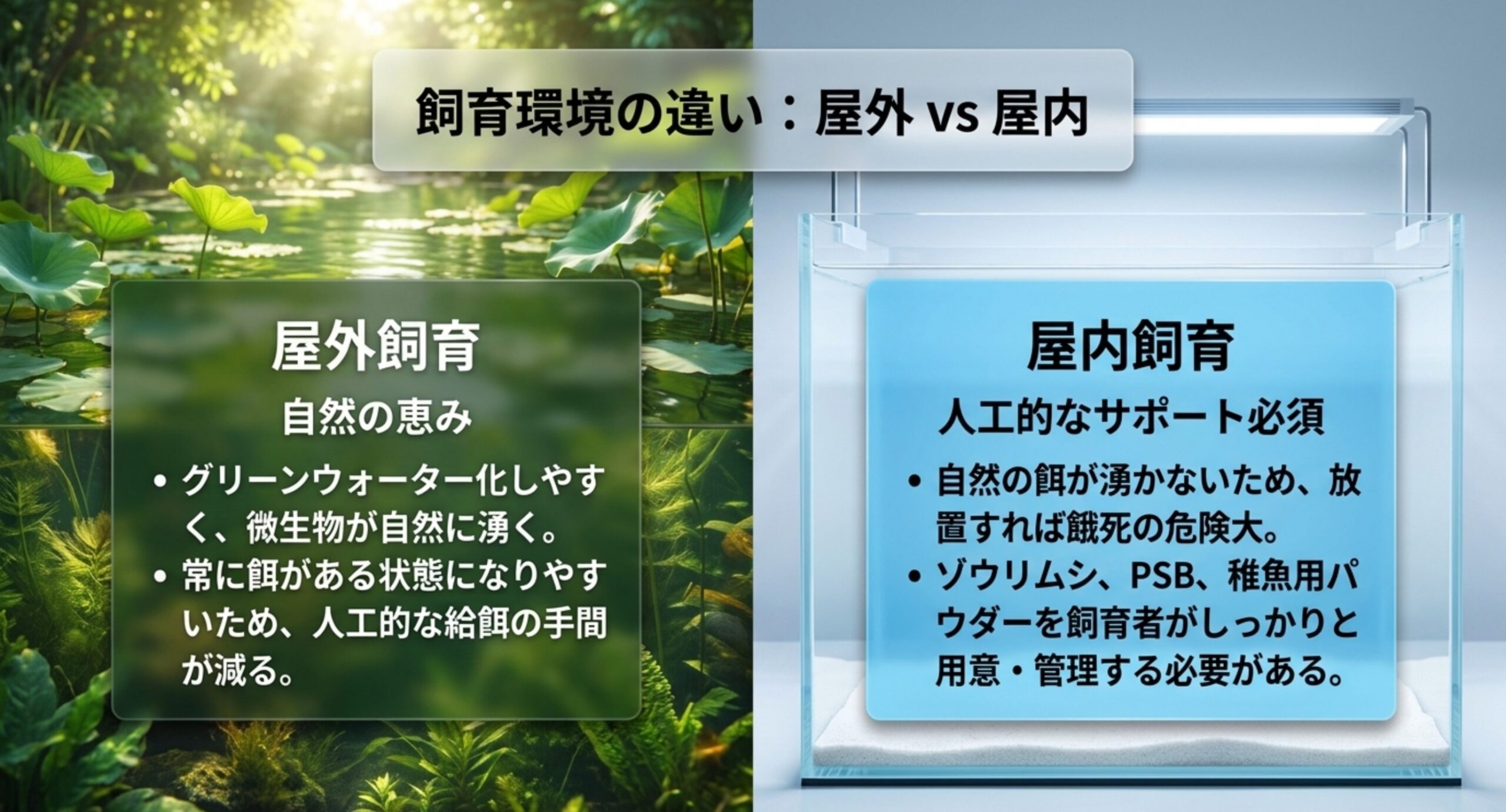 屋外飼育と屋内飼育での餌やりの違いを比べた図