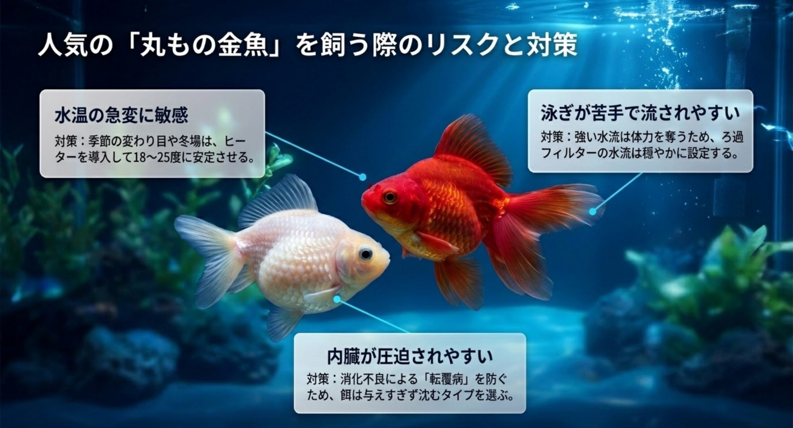 水温・泳ぎ・内臓圧迫など丸もの金魚の注意点と対策の図