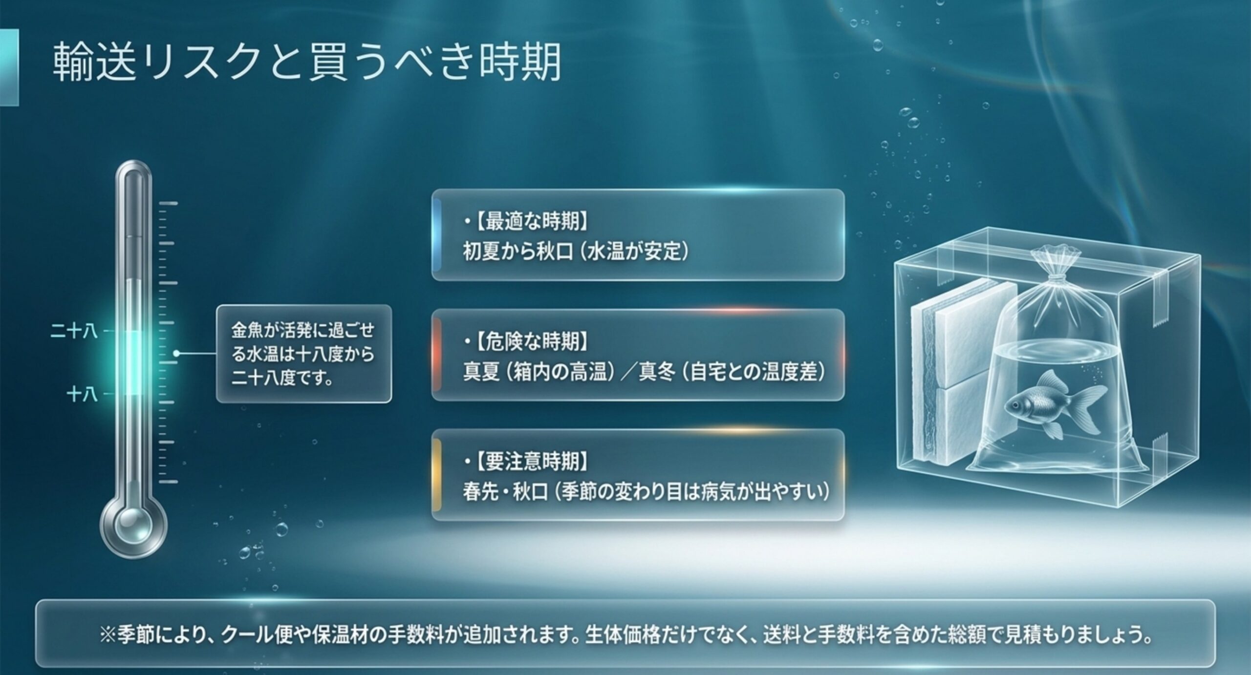 金魚通販の季節ごとの輸送リスクと最適な購入時期を示した図