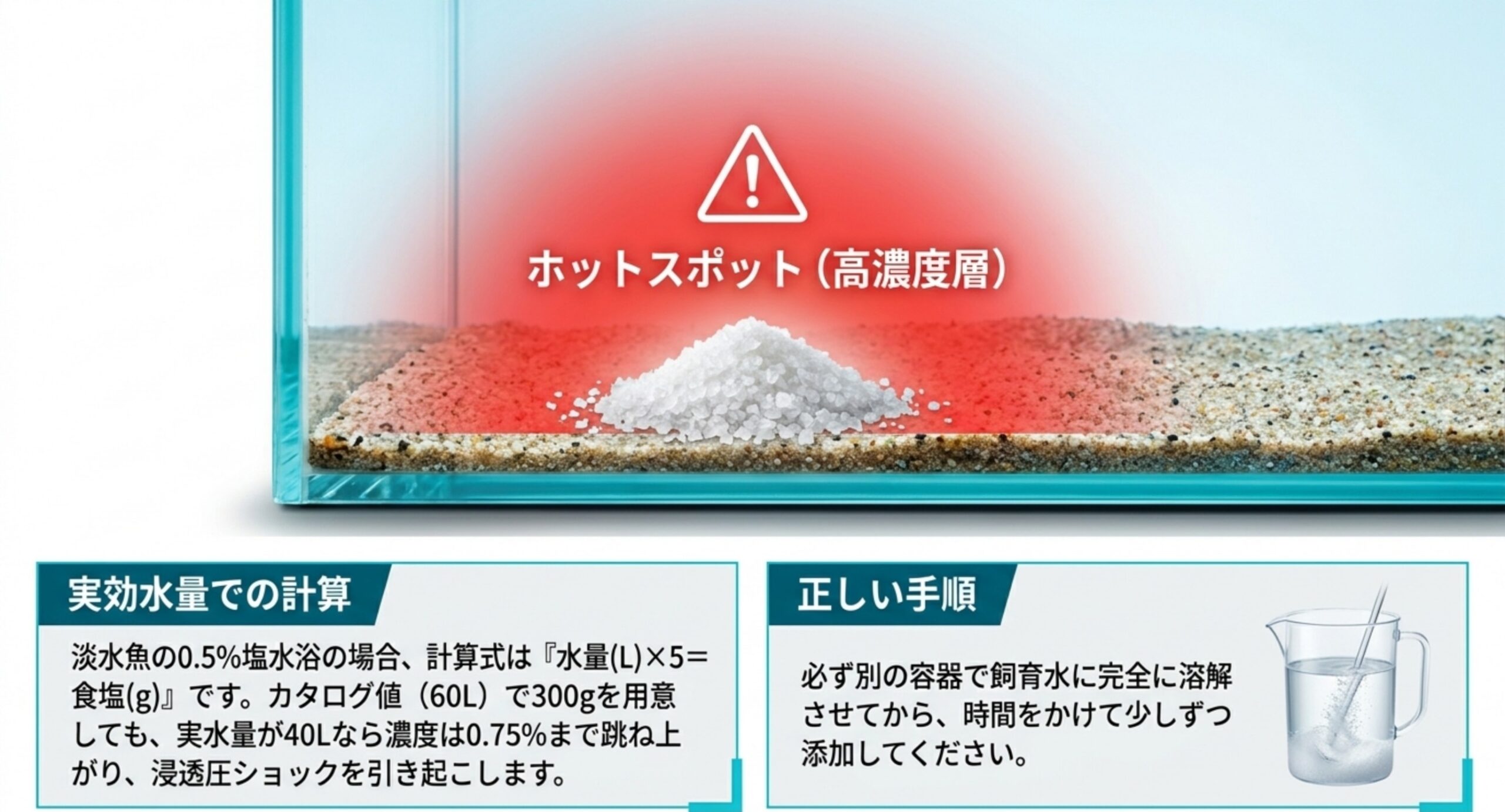 塩水浴の計算式と、塩が溶け残るホットスポット（高濃度層）の危険性を示す図