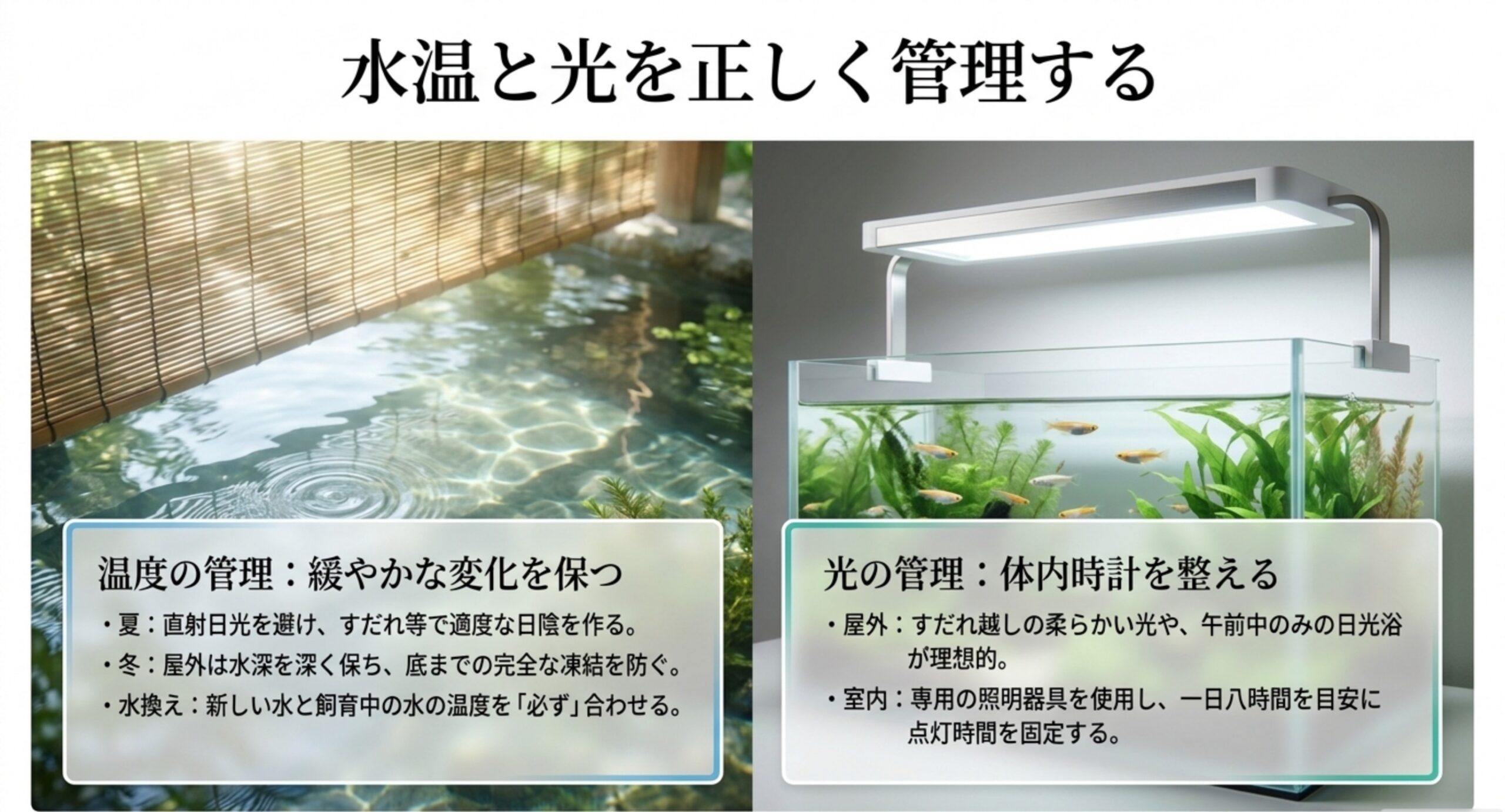 メダカの寿命を延ばす水温と光の管理方法 屋外と室内それぞれの水温管理と日光・照明の管理ポイントを示した図