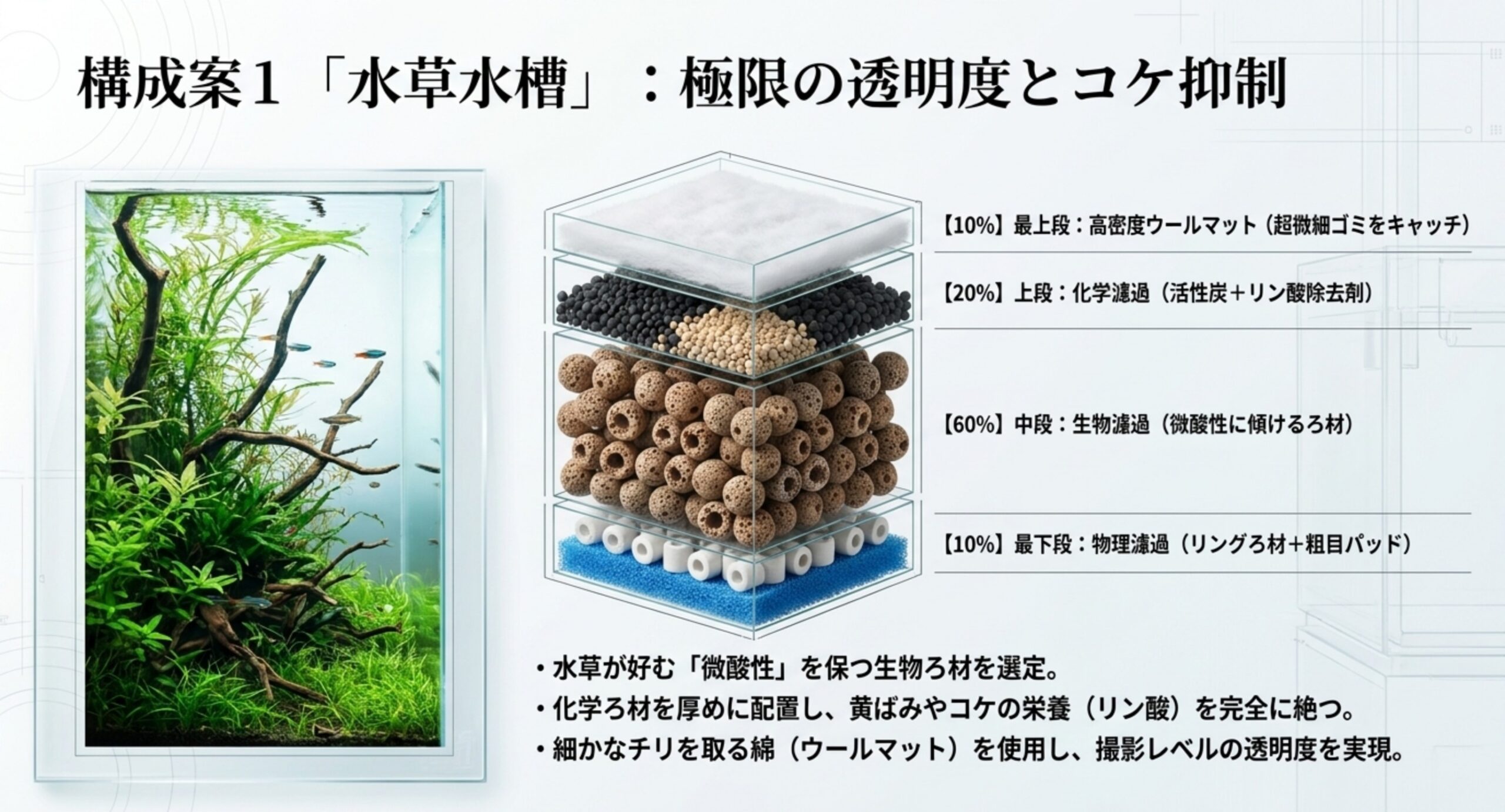 水草水槽向けに物理・生物・化学ろ材を比率で積んだ透明度重視のろ材構成例