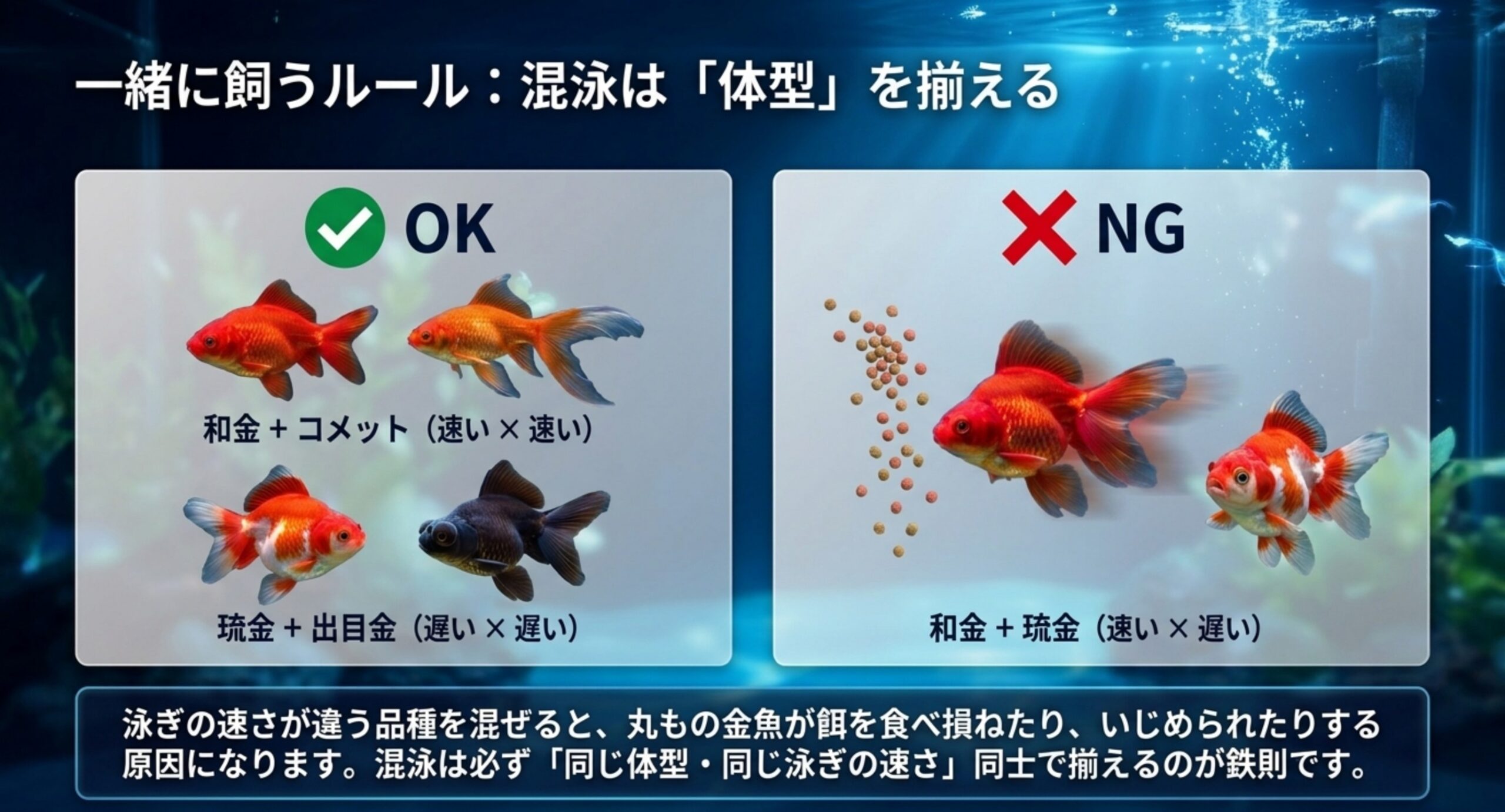 泳ぎの速さが近い品種同士の混泳OKと速さが違う混泳NGを比べた図