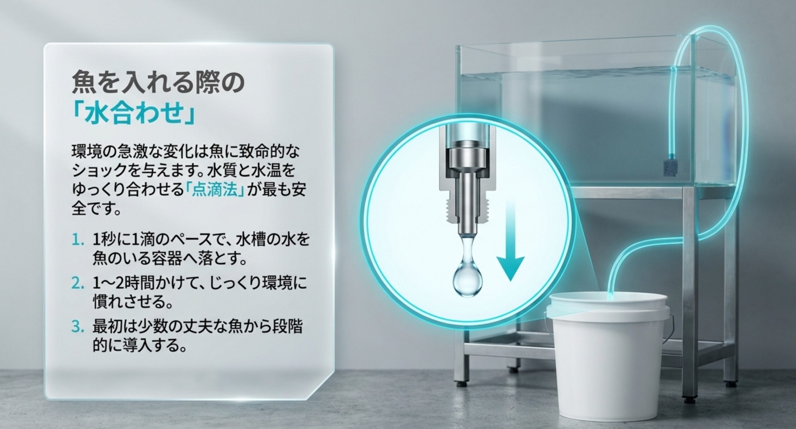 点滴法でバケツから水槽へ少しずつ水を合わせる様子を示した図