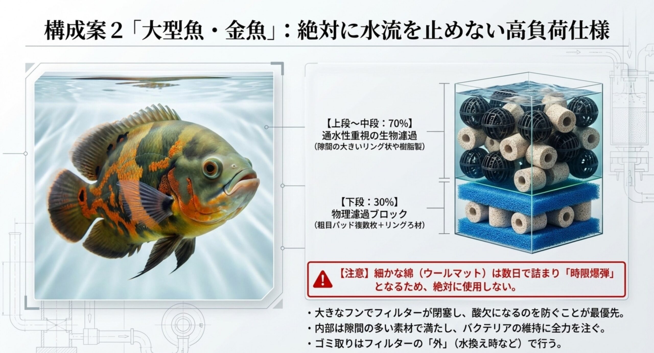 大型魚や金魚向けに流量を止めない通水性重視のろ材構成と物理濾過ブロックの配置例