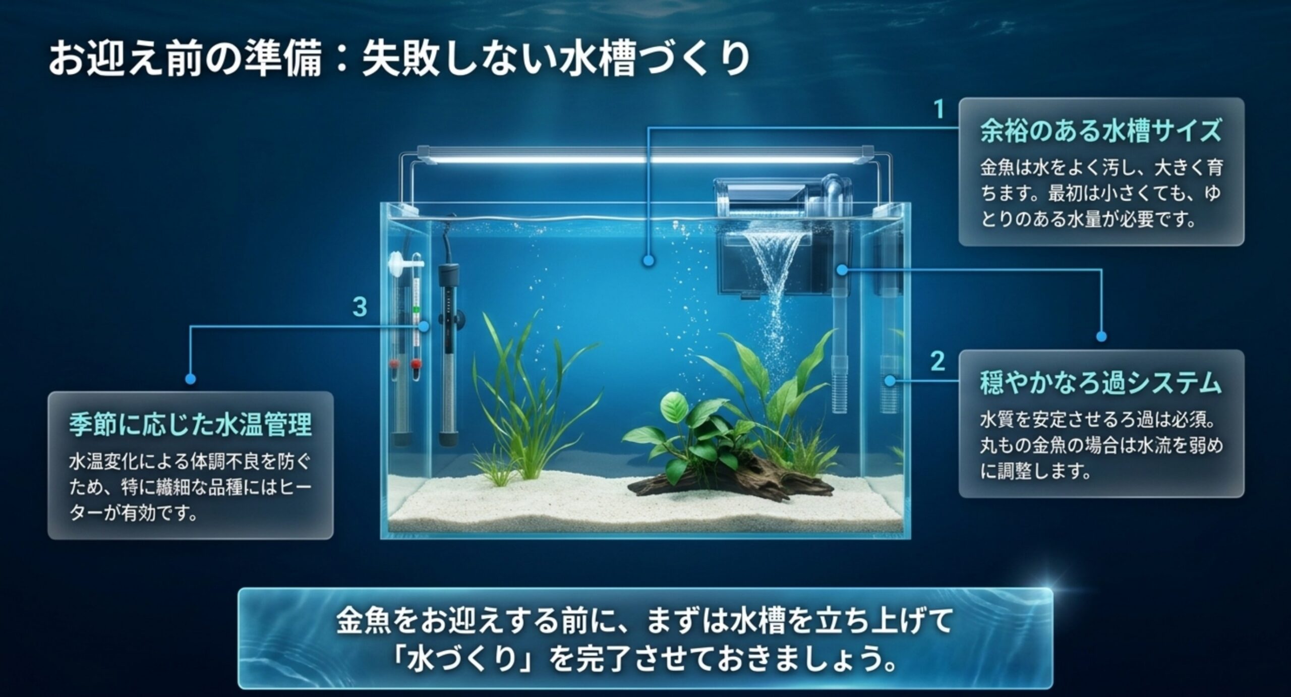 水槽サイズ・ろ過・水温管理など迎える前の準備を示した図