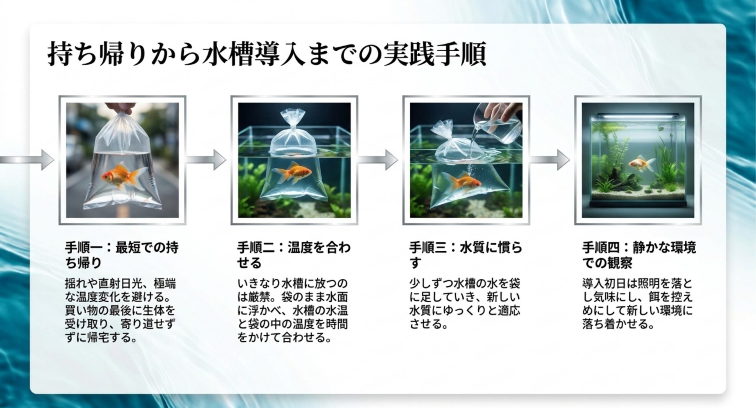 最短での持ち帰りから温度合わせ、水合わせ、静かな環境での観察までの導入手順を示す図