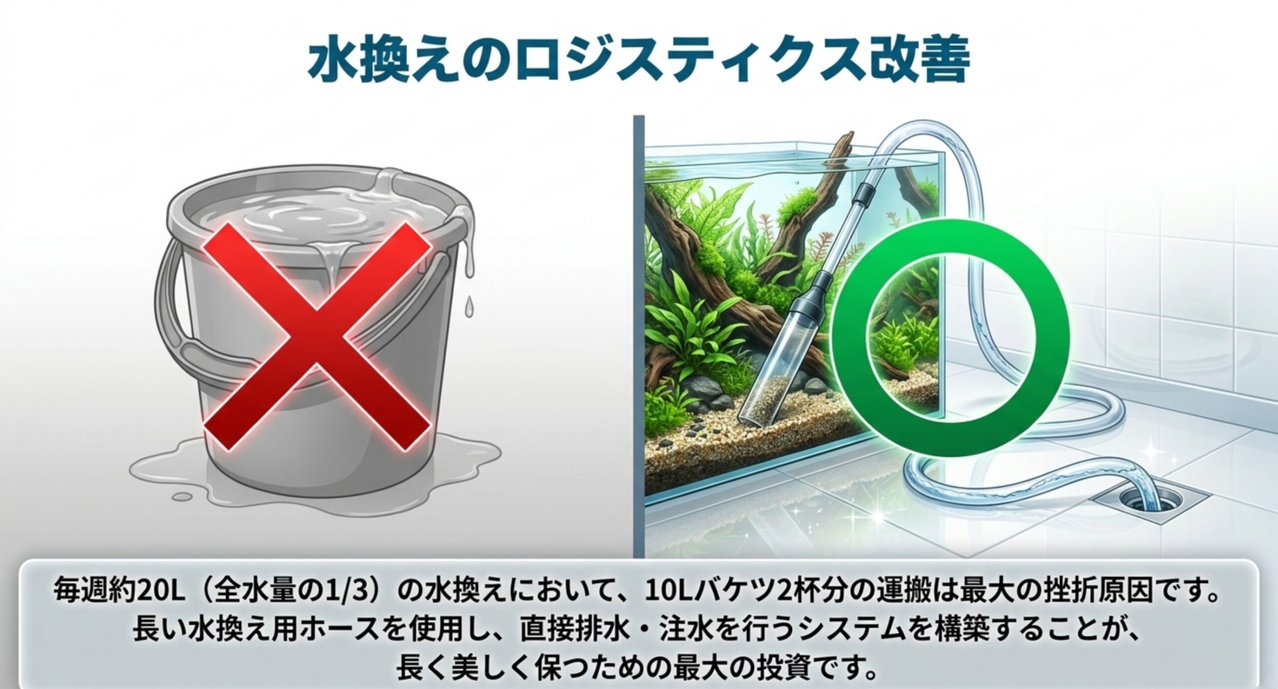 バケツ運搬を避け、水換え用ホースで直接排水・注水するロジスティクス改善の図