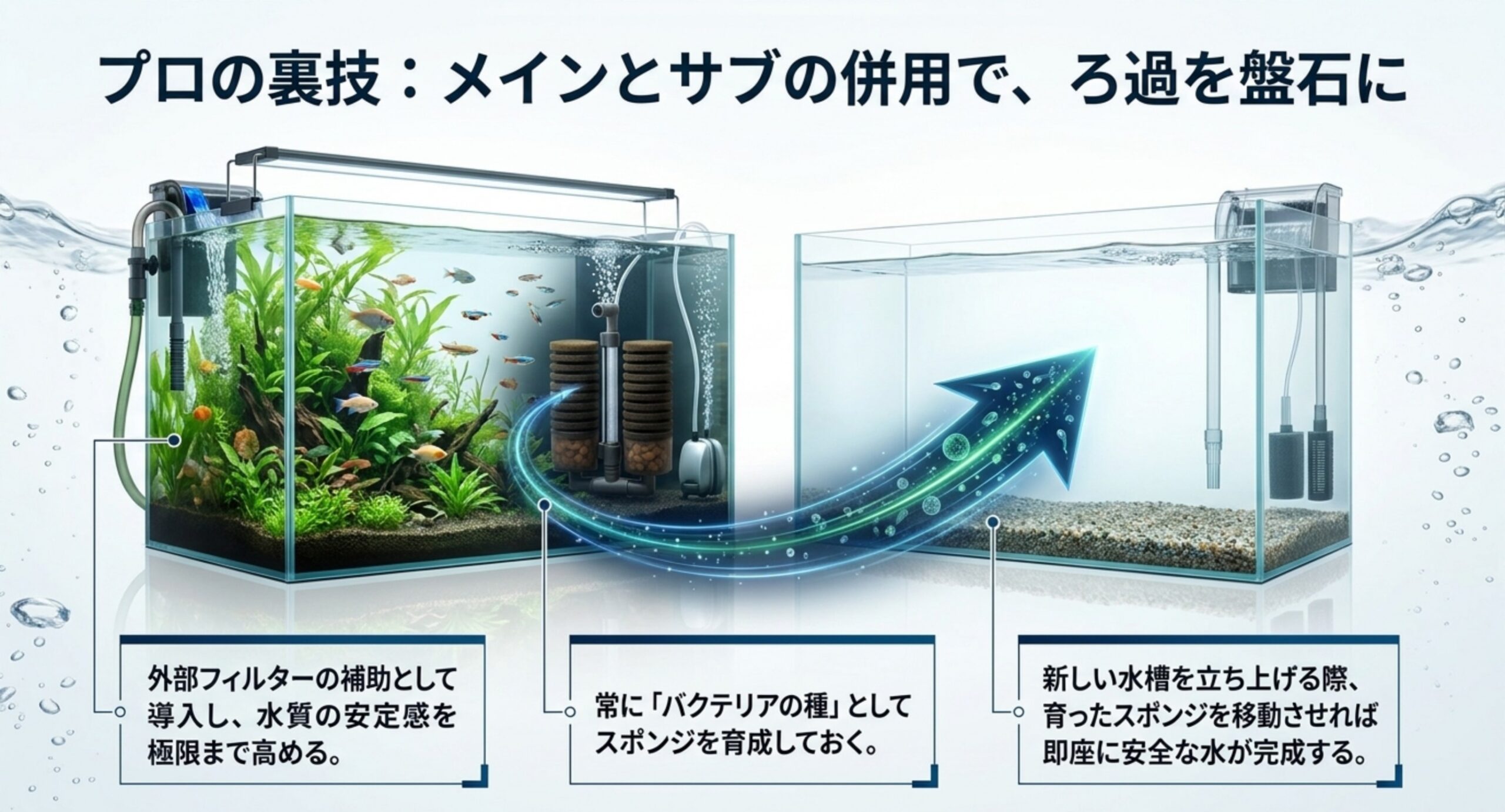 外部フィルターのサブとしてスポンジフィルターを併用する活用例
