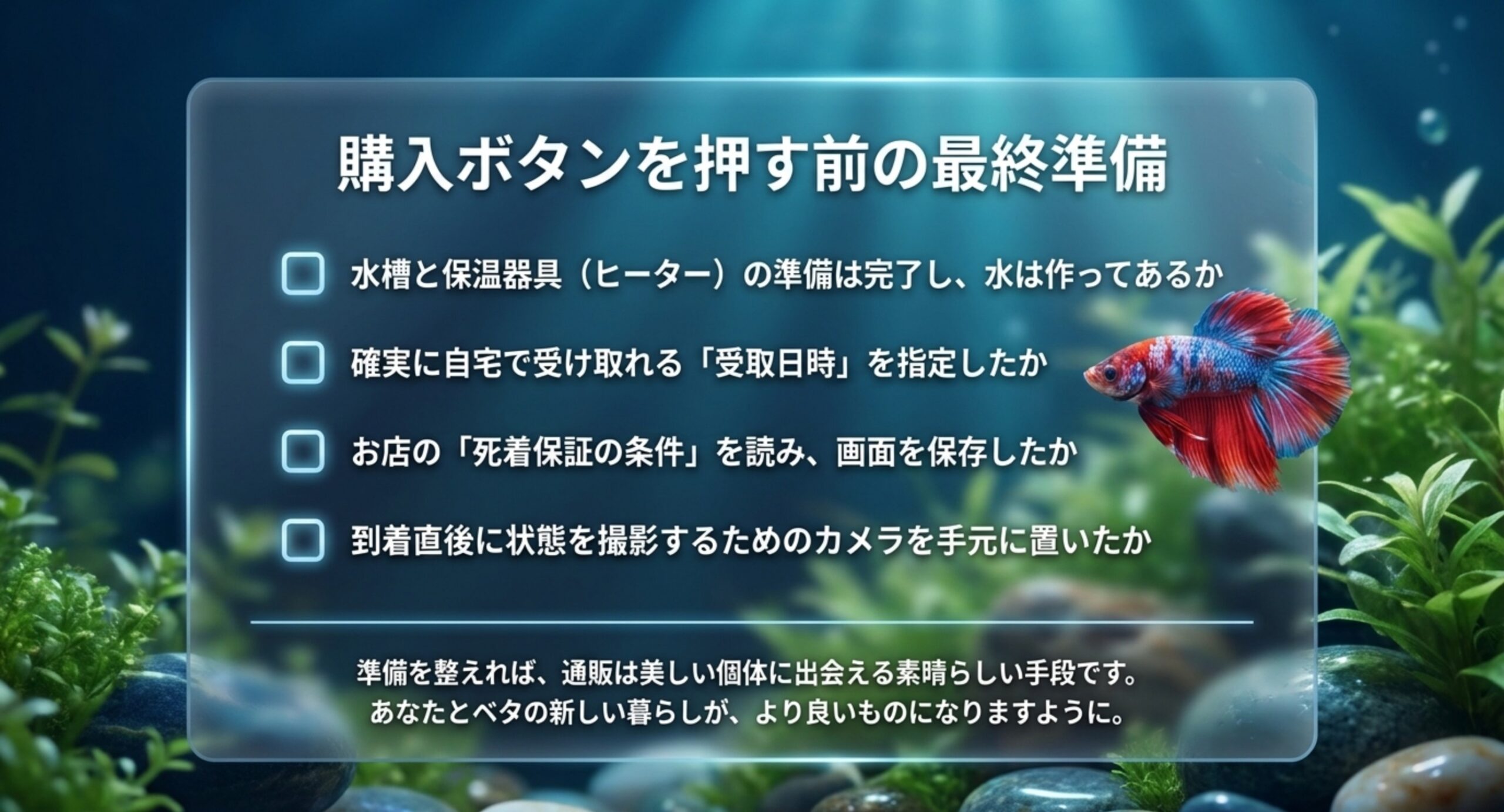 水槽の準備や受取日時の指定など通販でベタを迎える前の最終準備チェックリスト