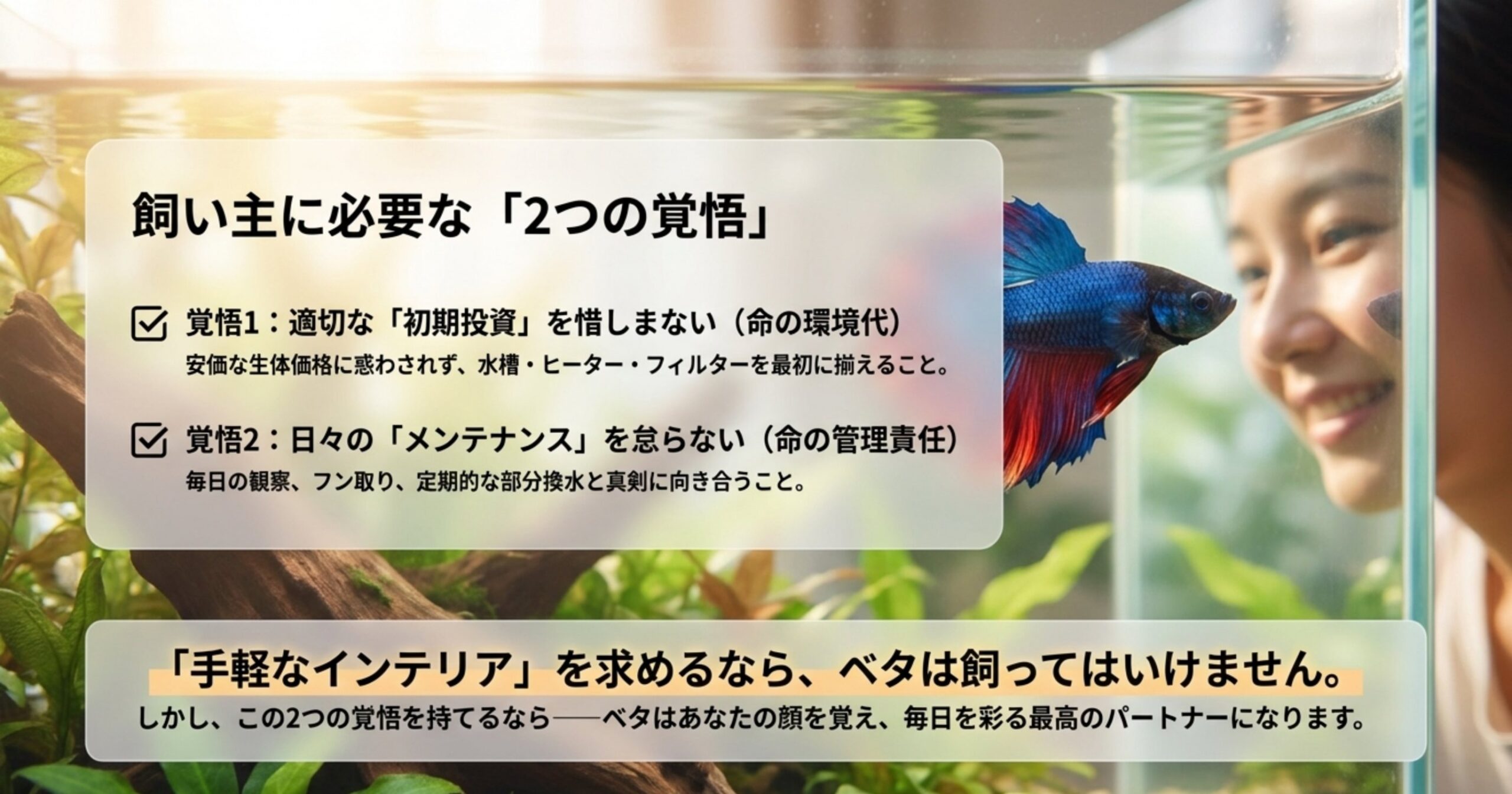 適切な初期投資と日々のメンテナンスというベタ飼育に必要な覚悟を示したスライド