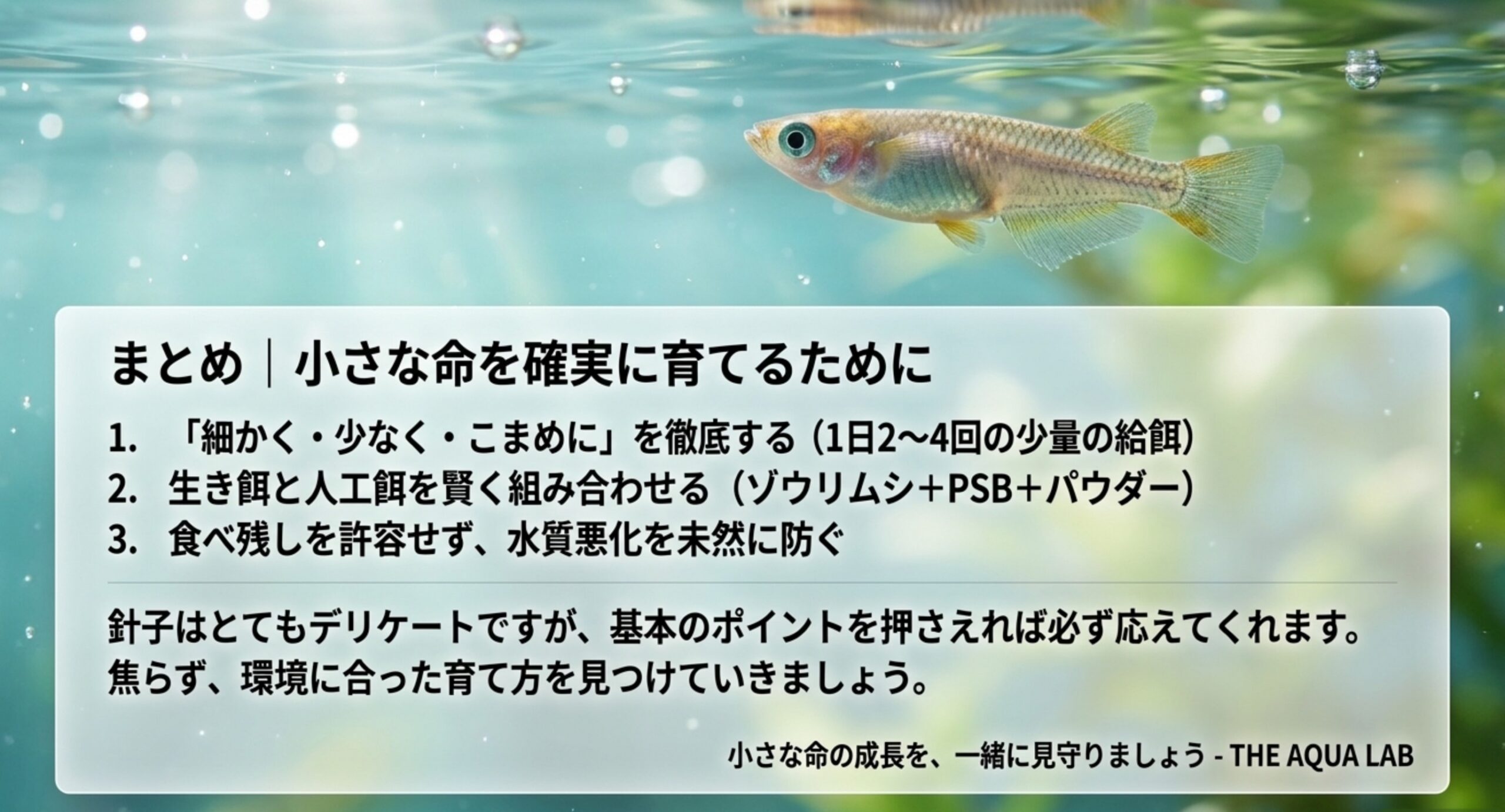 メダカの稚魚と餌やりの要点をまとめたスライド