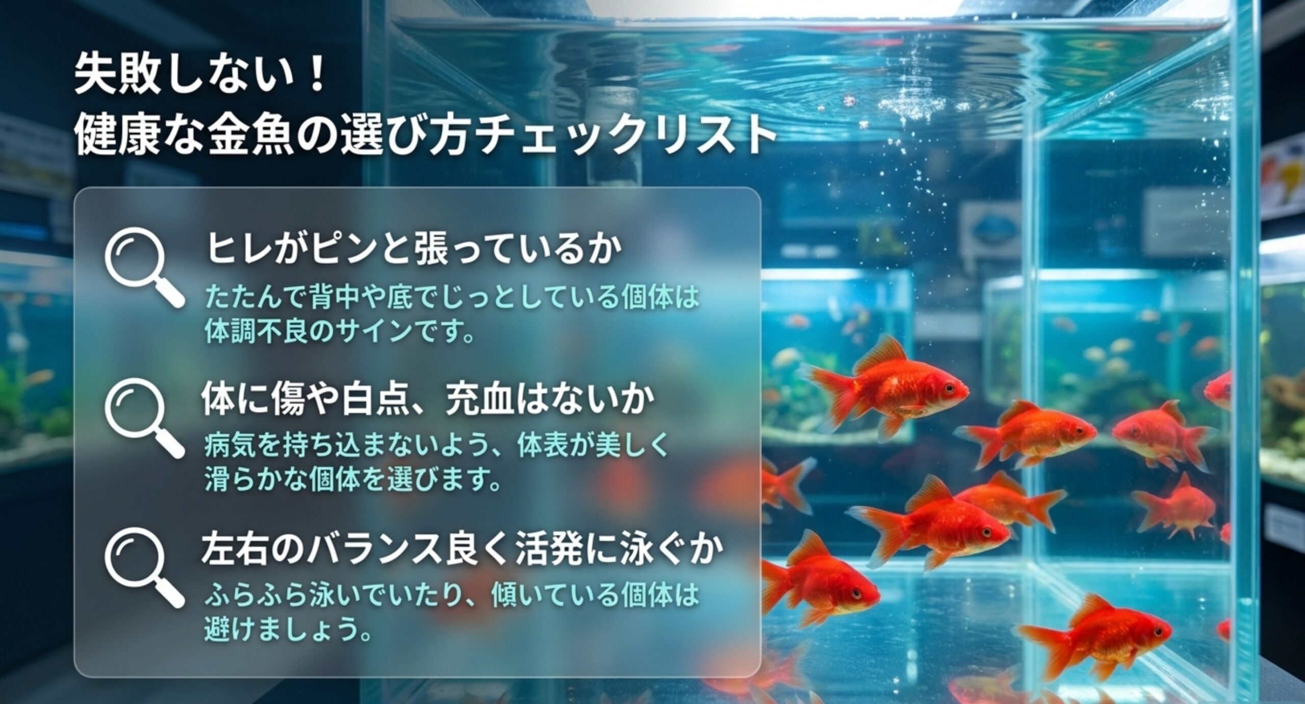 ヒレ・体の傷や白点・泳ぎ方で健康な金魚を見分けるチェックリストの図