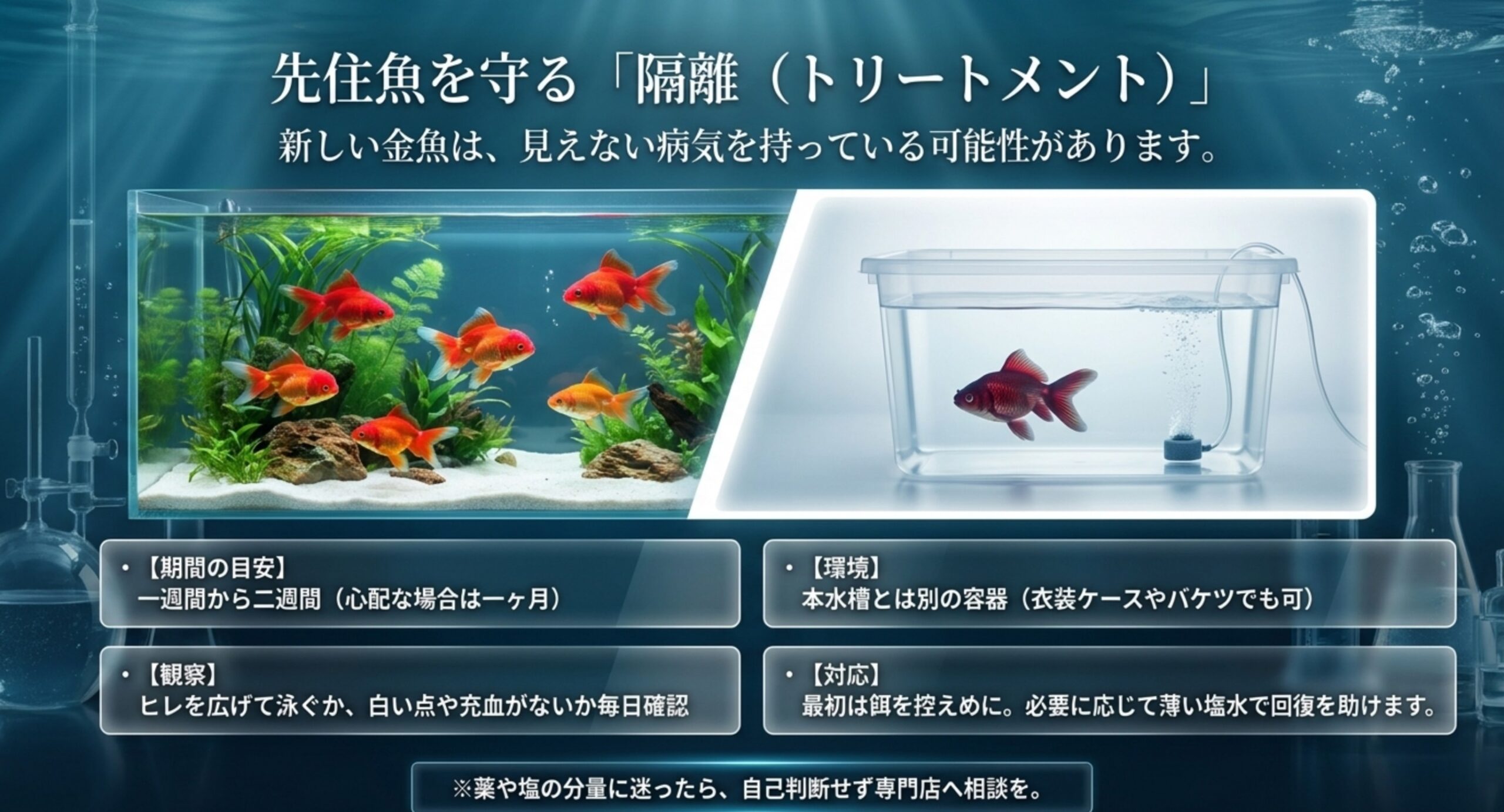 先住魚を守るために新しい金魚を隔離してトリートメントする方法の図