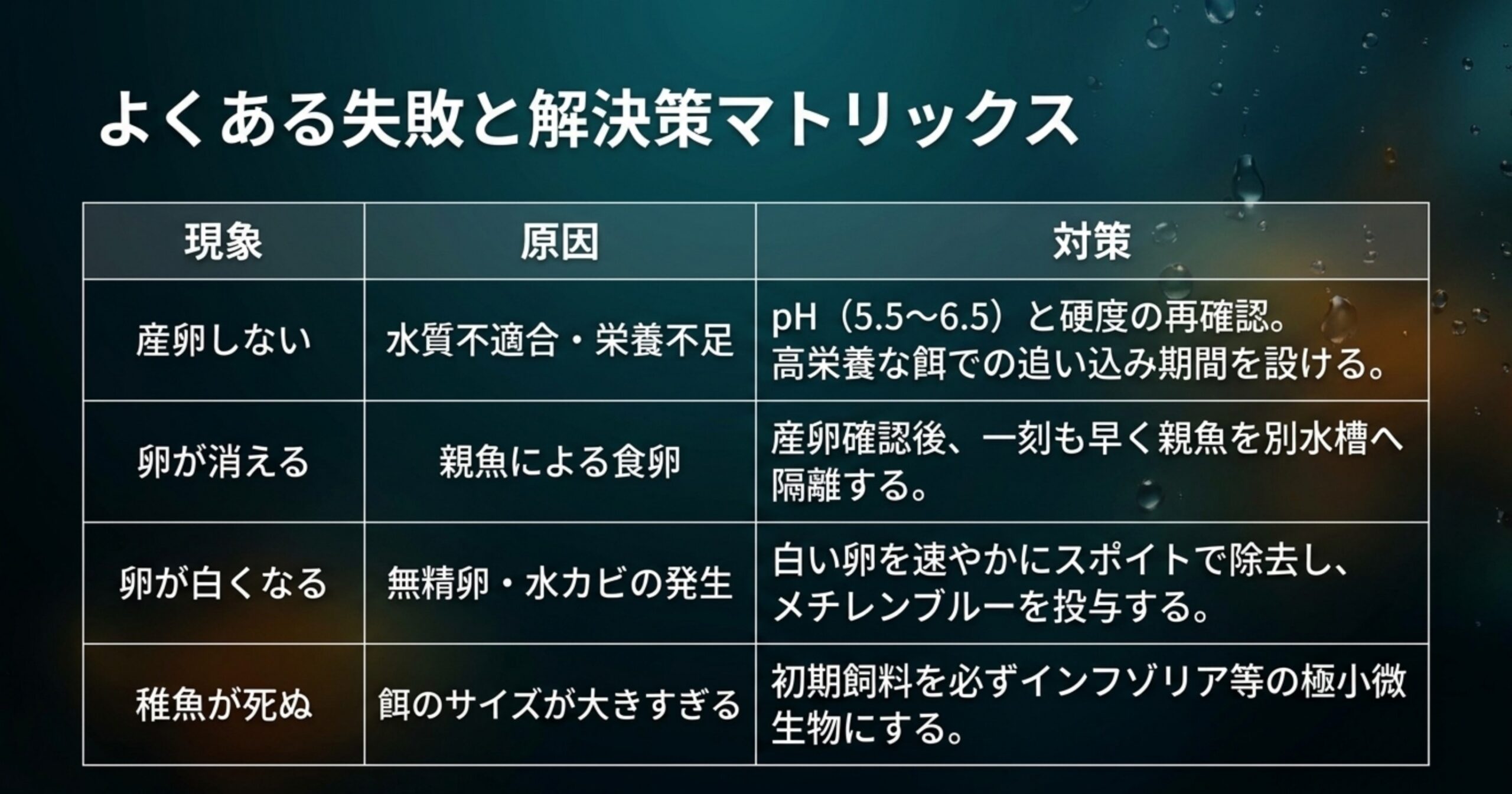 産卵しない・卵が消える・卵が白くなる・稚魚が死ぬといった失敗の原因と対策の一覧表