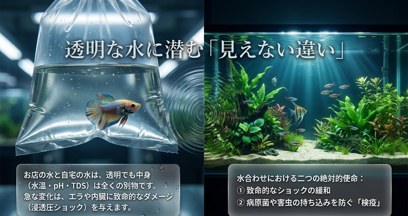 袋の水と水槽の水の違い、水質急変によるショックと病原菌や害虫の持ち込み防止を示した図