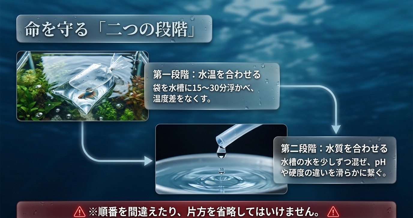 袋を浮かべる水温合わせの後、点滴でpHや硬度を近づける水質合わせを行う流れ