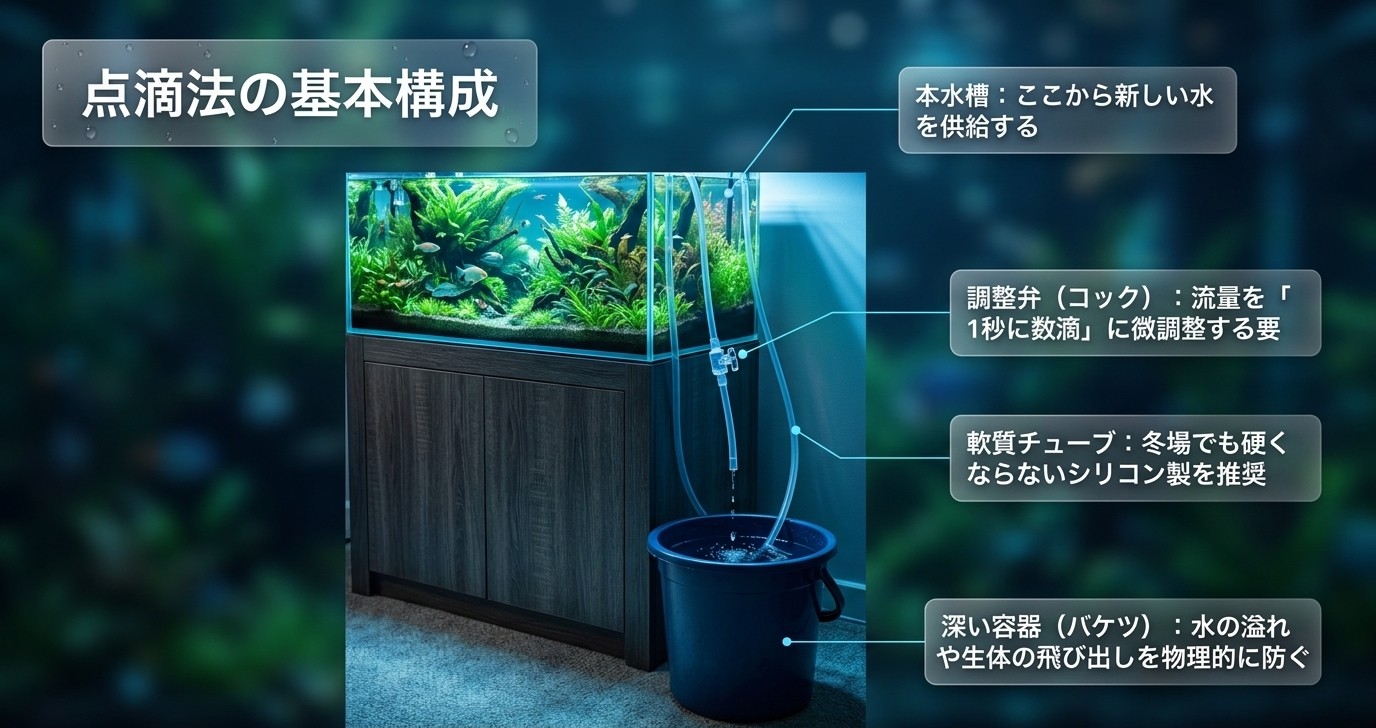 本水槽からコック付きシリコンチューブでバケツへ水を滴下する点滴法の構成図
